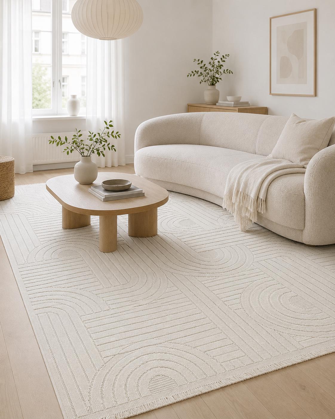 Ivory Abstract Area Rug, Textured Geometric Scandinavian Living Room Carpet