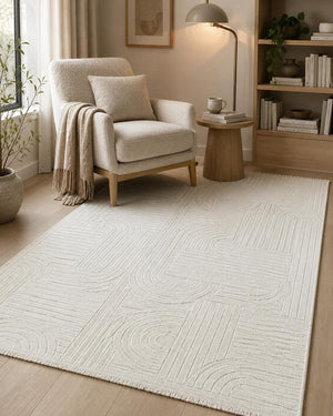 Ivory Abstract Area Rug, Textured Geometric Scandinavian Living Room Carpet