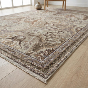 Distressed Floral Area Rug, Neutral Beige Brown Living Room Floor Rug