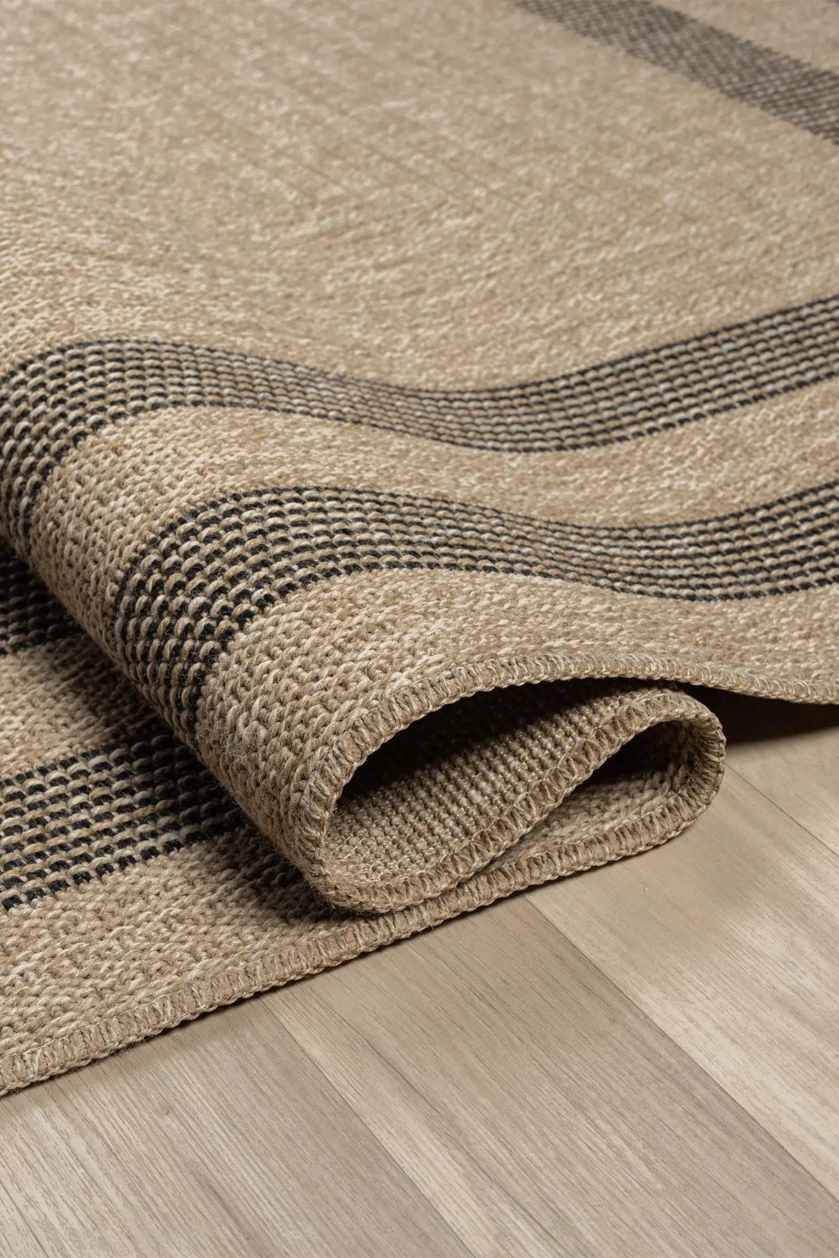 Beige Black Striped Area Rug, Textured Woven Jute Style Carpet, Modern Farmhouse Bedroom