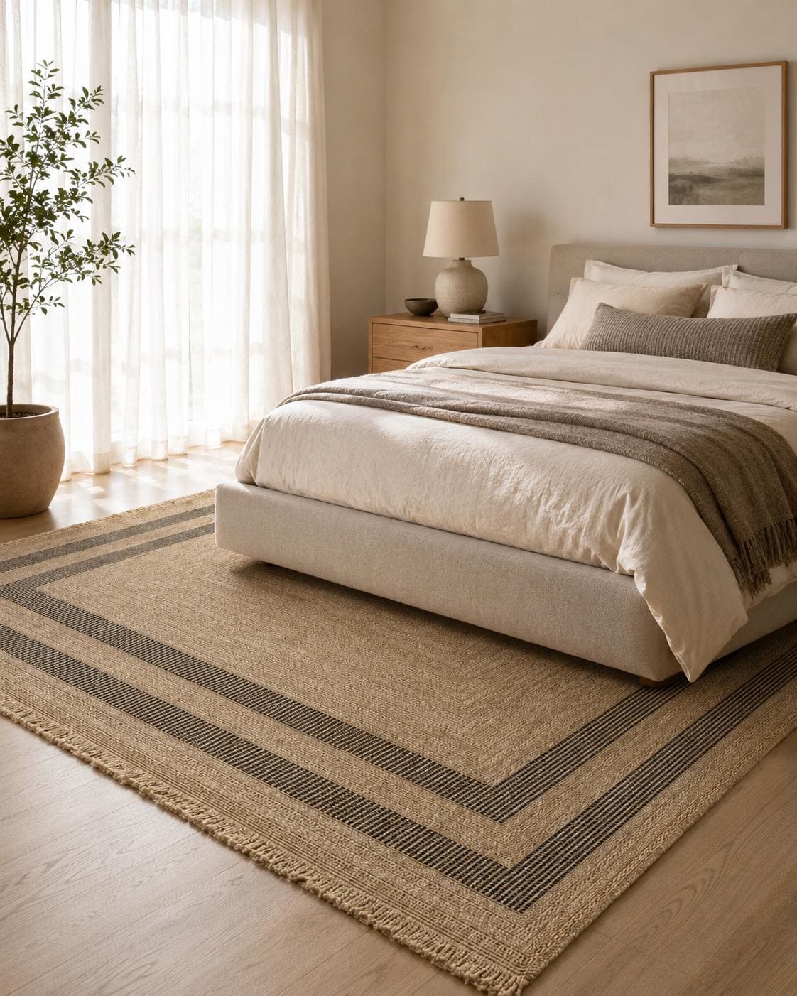 Beige Black Striped Area Rug, Textured Woven Jute Style Carpet, Modern Farmhouse Bedroom