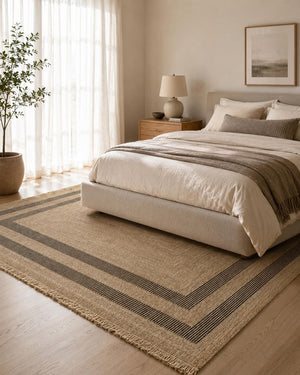 Beige Black Striped Area Rug, Textured Woven Jute Style Carpet, Modern Farmhouse Bedroom