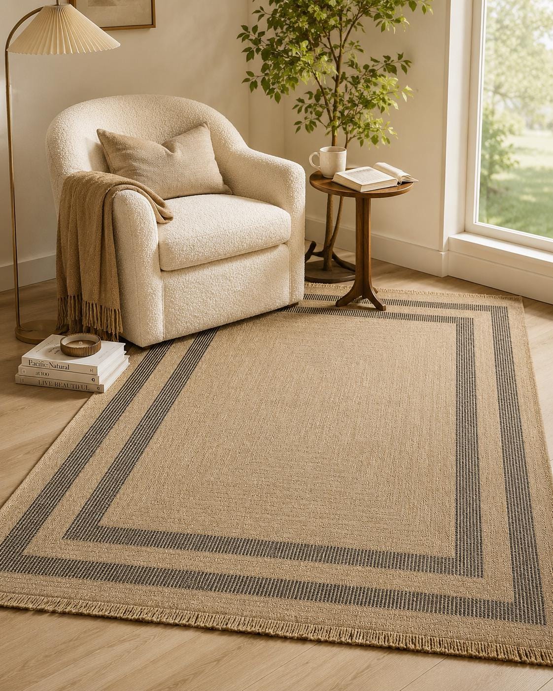 Beige Black Striped Area Rug, Textured Woven Jute Style Carpet, Modern Farmhouse Bedroom