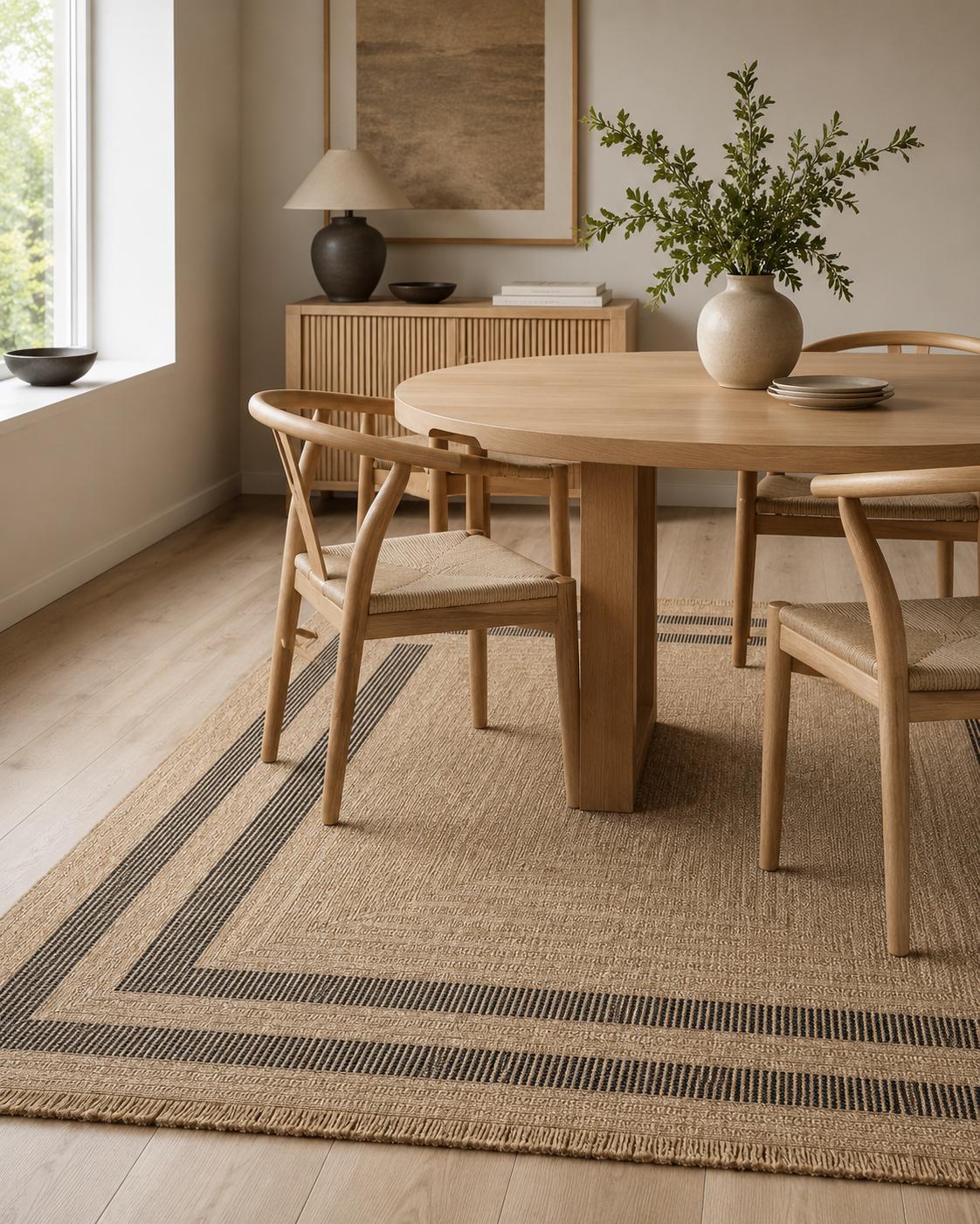 Beige Black Striped Area Rug, Textured Woven Jute Style Carpet, Modern Farmhouse Bedroom