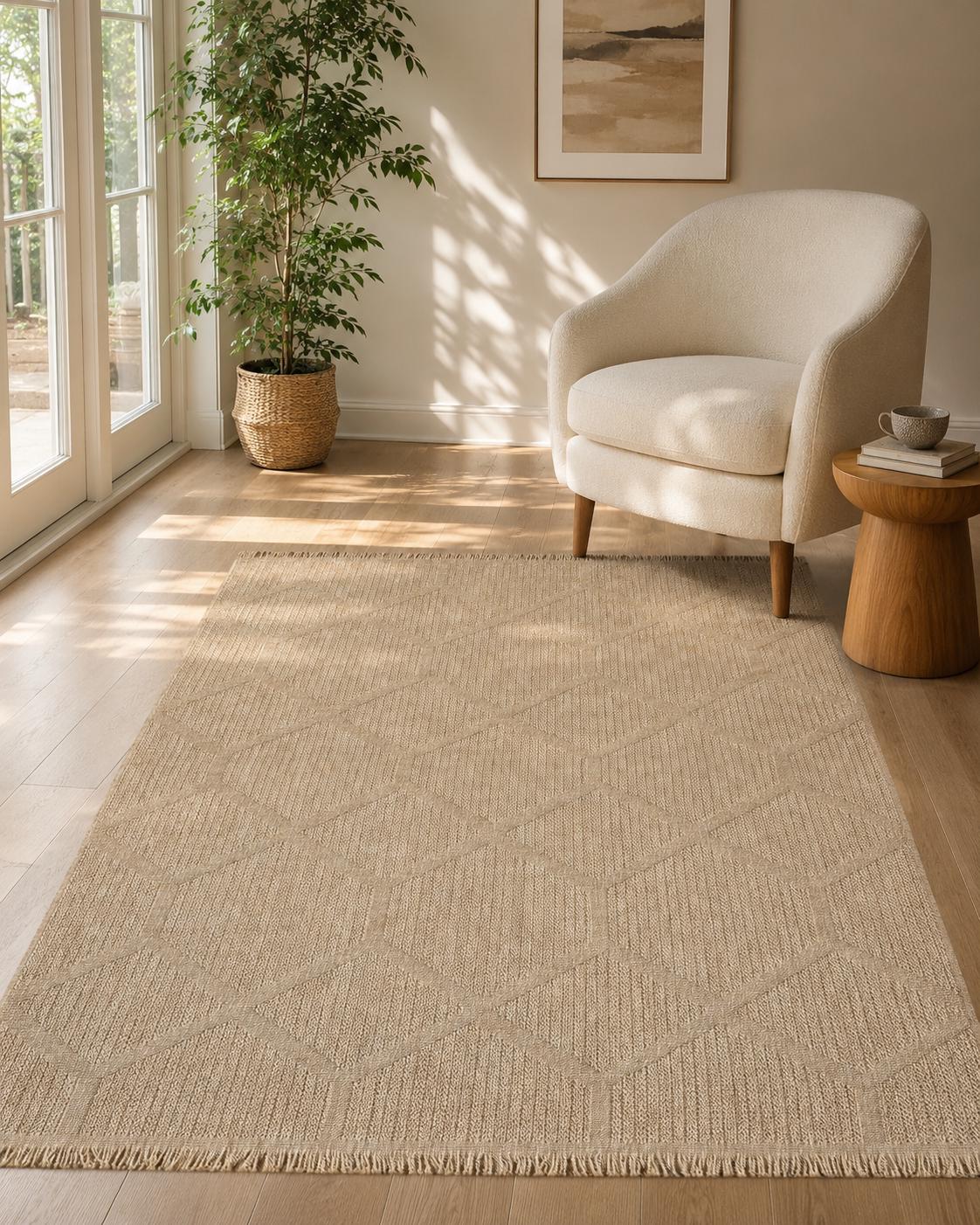 Beige Geometric Woven Area Rug, Natural Jute Style Carpet, Scandinavian Living Room Floor Rug