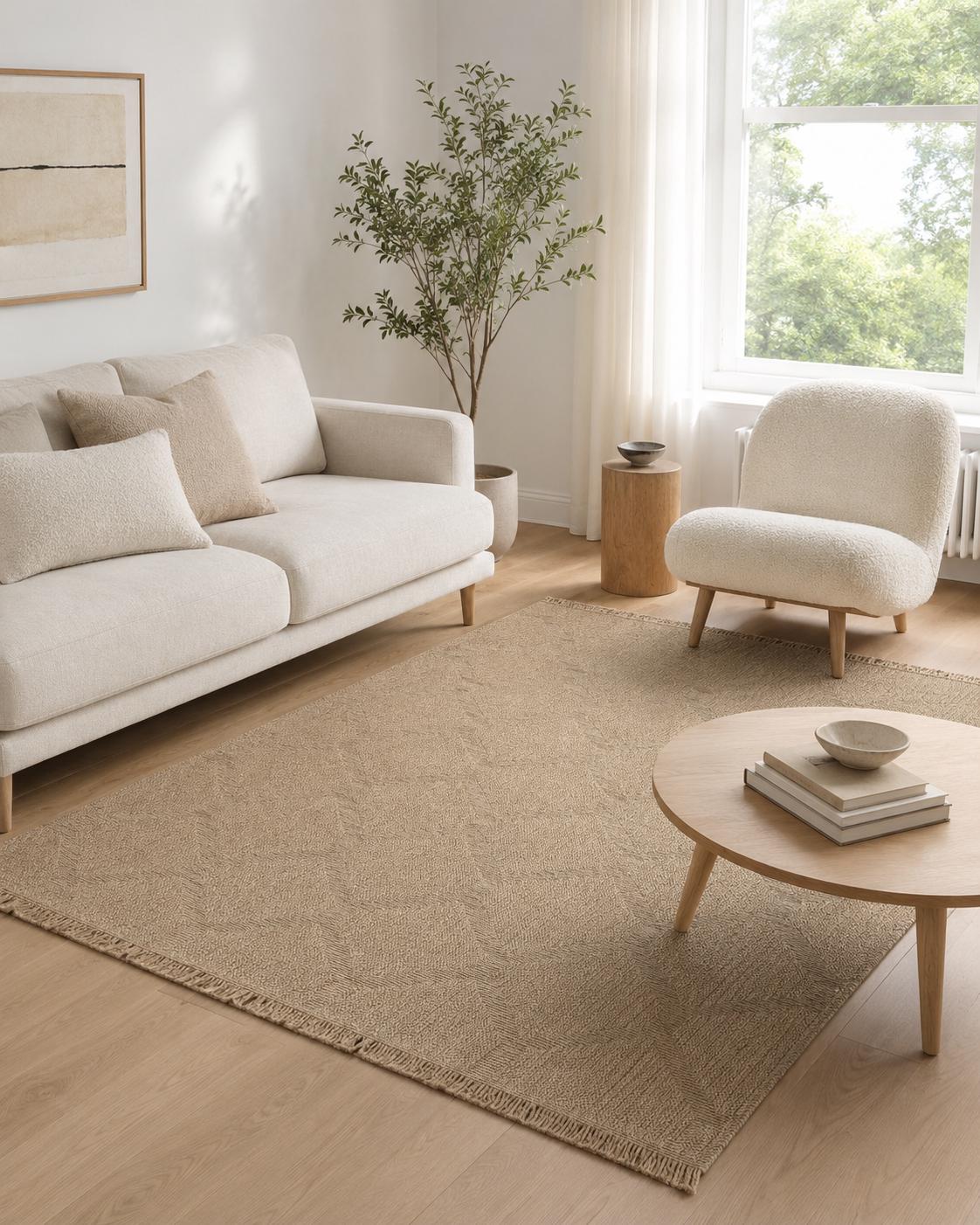 Beige Geometric Woven Area Rug, Natural Jute Style Carpet, Scandinavian Living Room Floor Rug