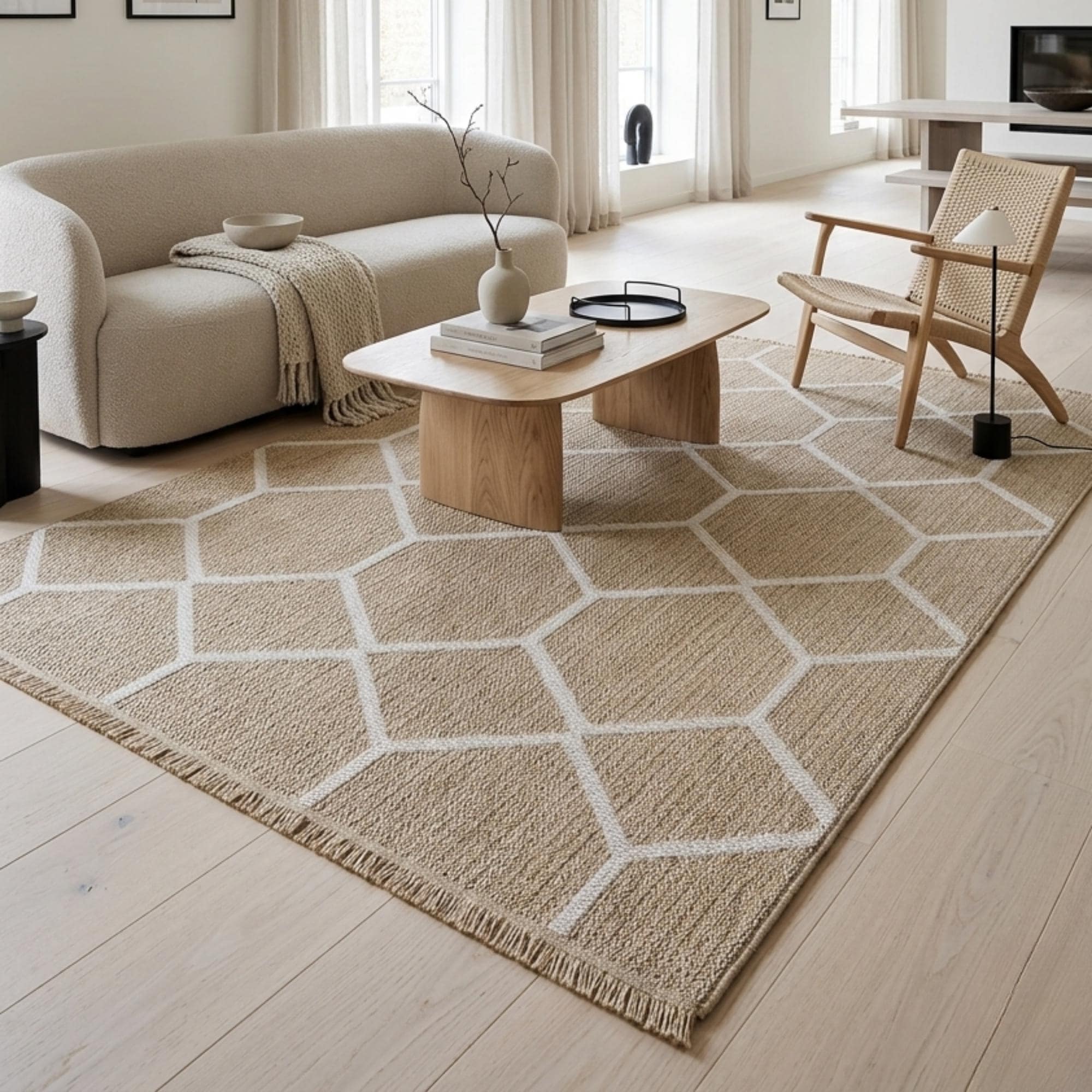 Beige Honeycomb Geometric Woven Jute Style Rug, Scandinavian Living Room Carpet