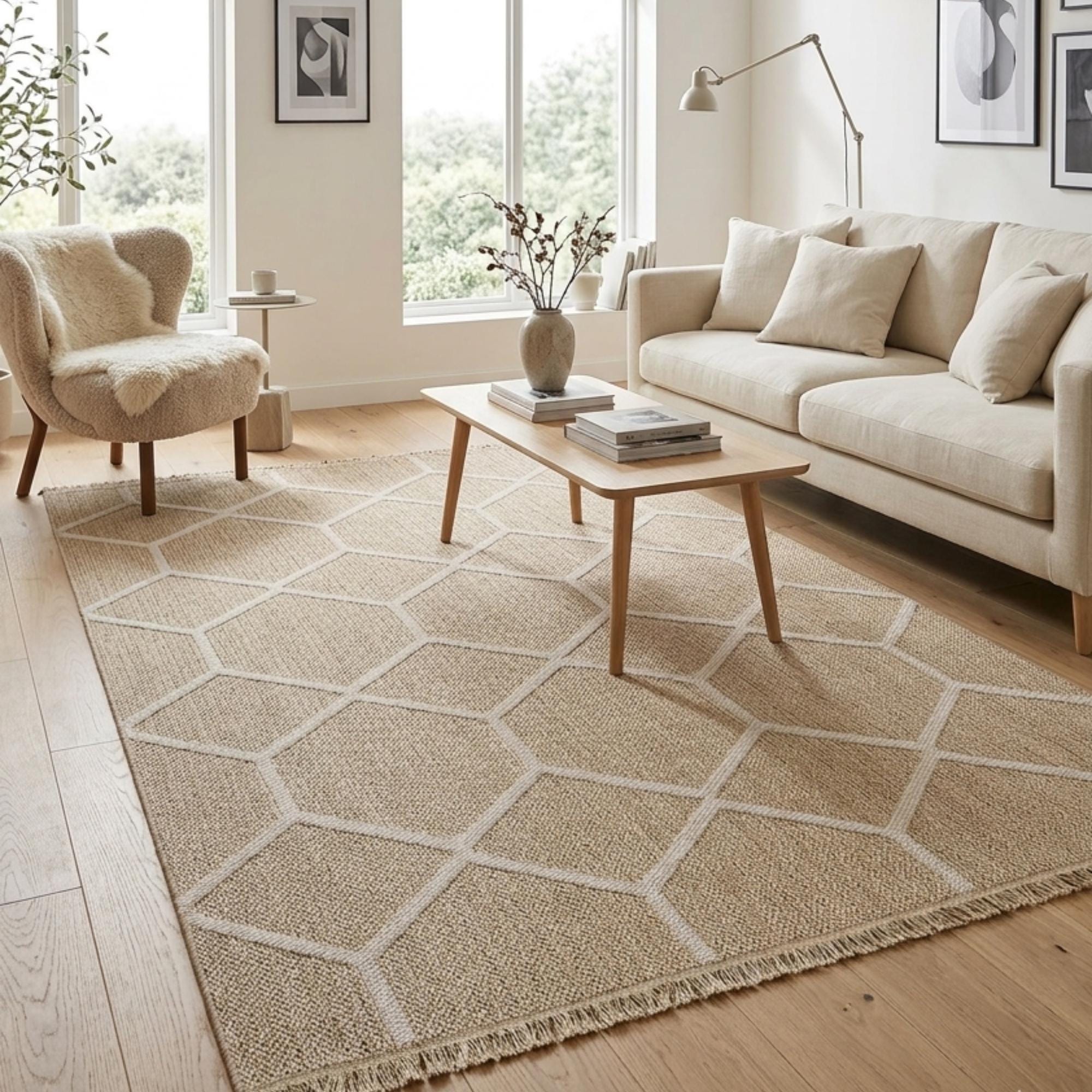 Beige Honeycomb Geometric Woven Jute Style Rug, Scandinavian Living Room Carpet