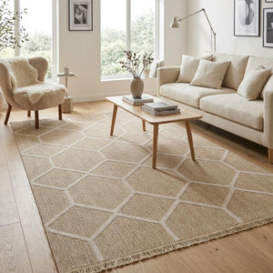 Beige Honeycomb Geometric Woven Jute Style Rug, Scandinavian Living Room Carpet