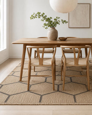 Beige Black Geometric Honeycomb Area Rug, Natural Woven Living Room Carpet
