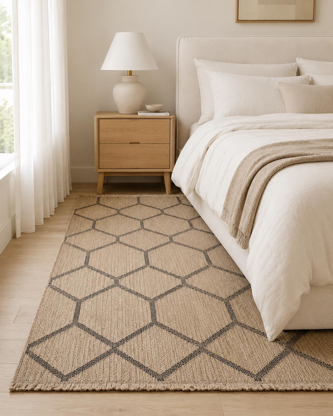 Beige Black Geometric Honeycomb Area Rug, Natural Woven Living Room Carpet