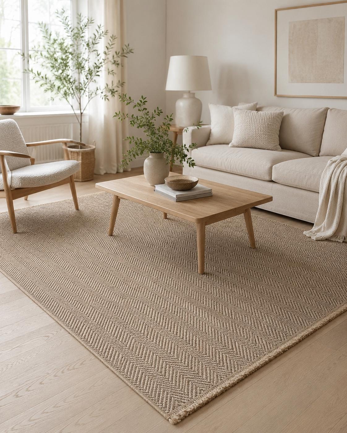 Brown Herringbone Woven Area Rug, Textured Natural Living Room Carpet