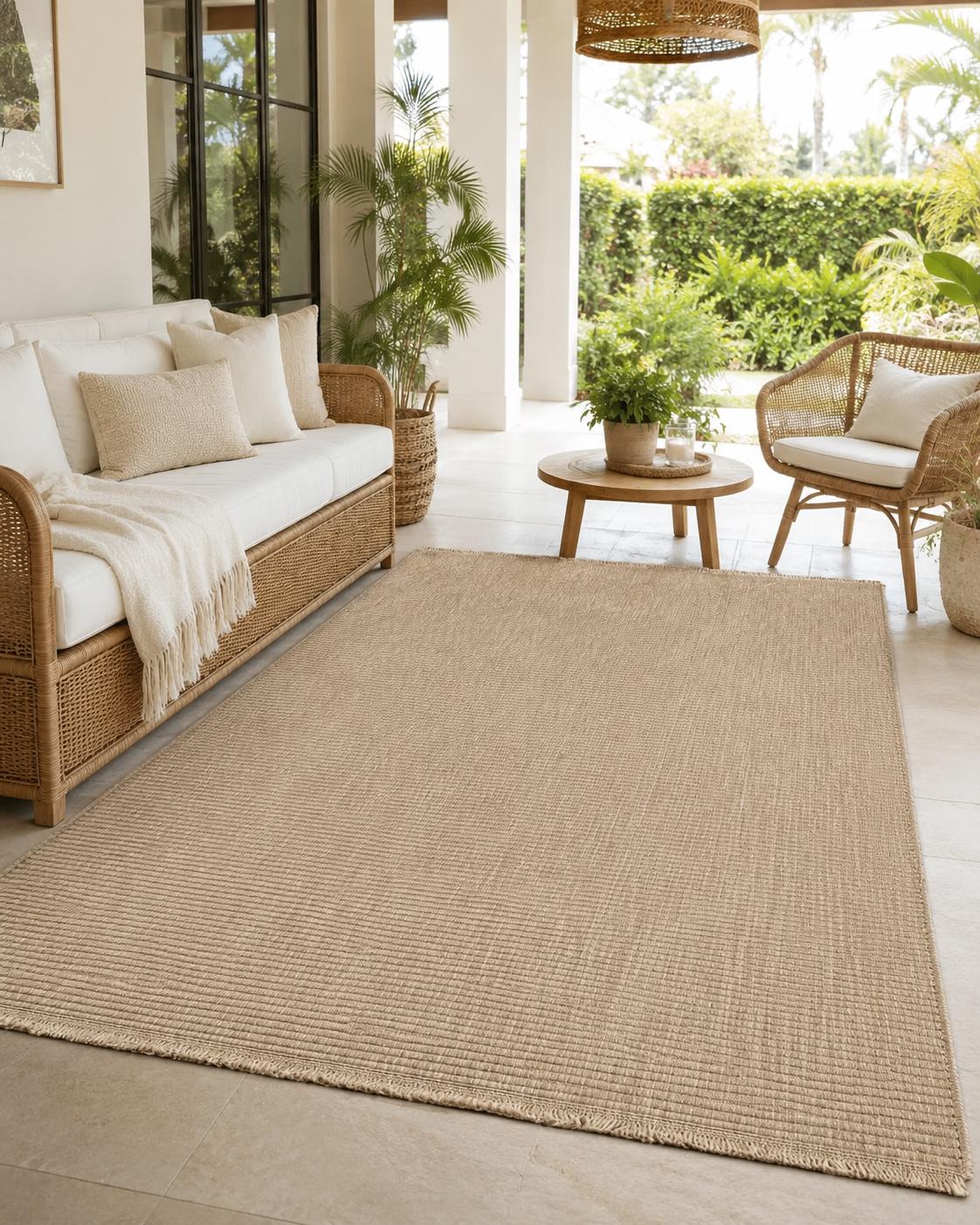 Beige Ribbed Area Rug, Natural Woven Carpet, Scandinavian Textured Floor Rug