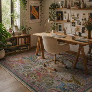 Distressed Floral Oriental Area Rug, Multicolor Boho Living Room Carpet