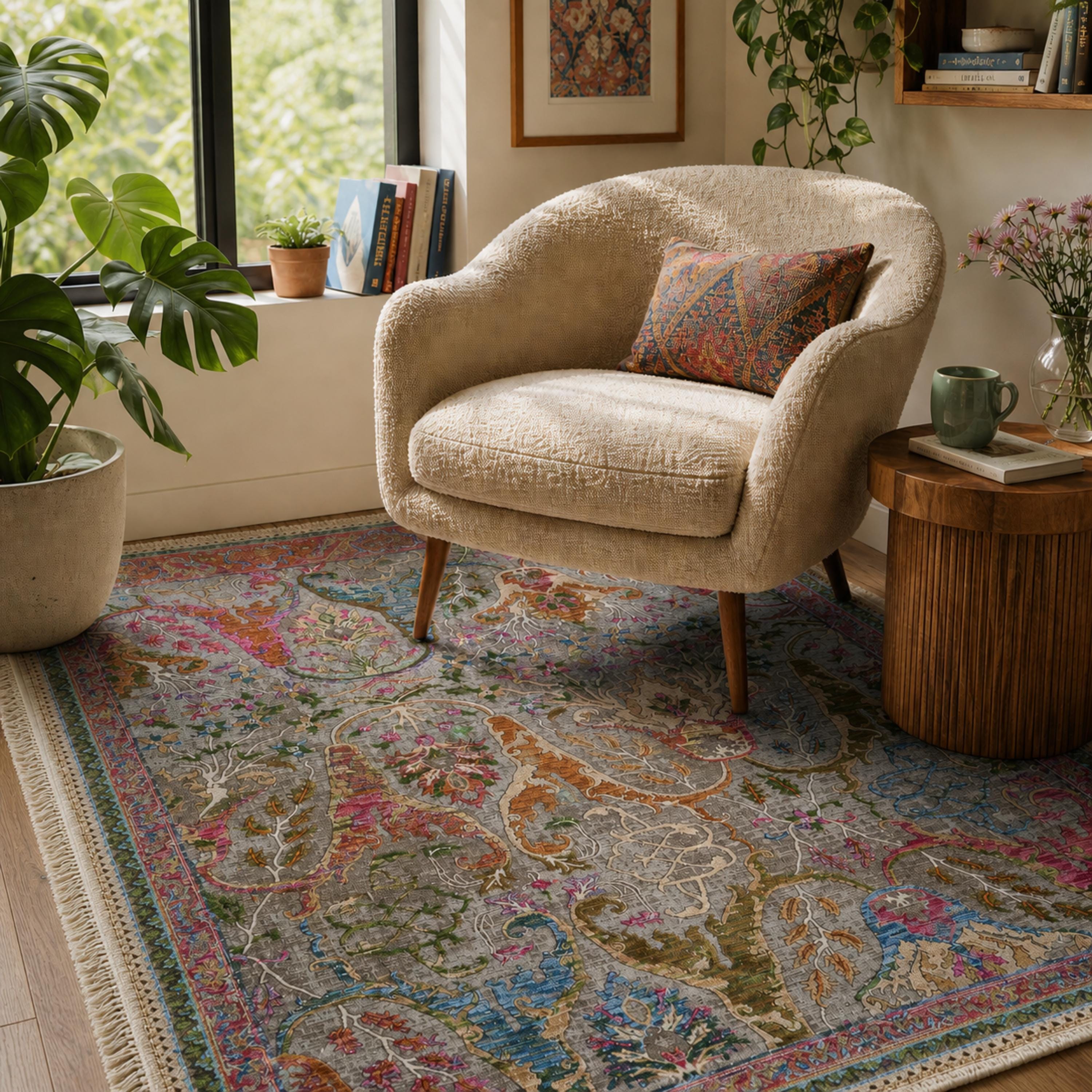 Distressed Floral Oriental Area Rug, Multicolor Boho Living Room Carpet