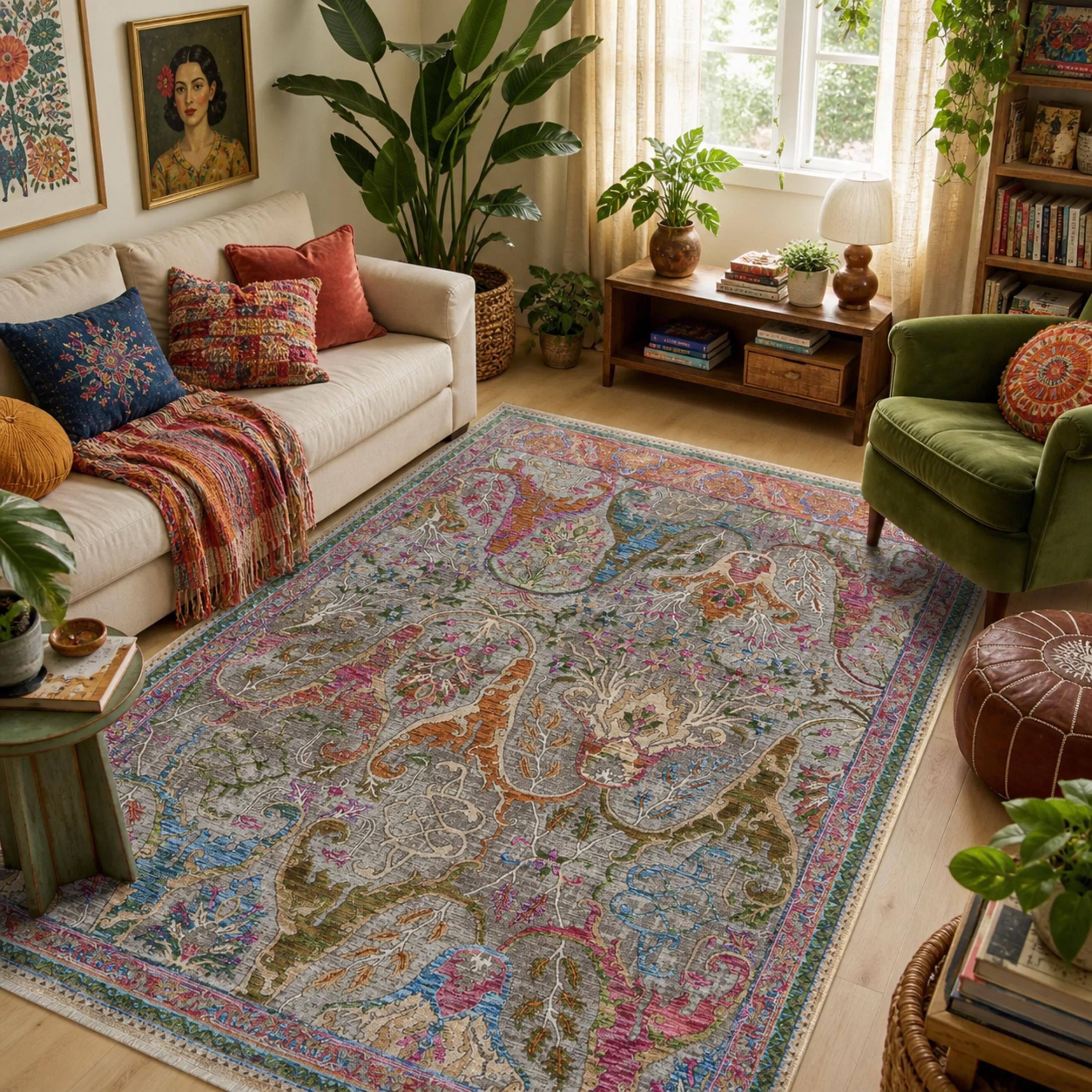 Distressed Floral Oriental Area Rug, Multicolor Boho Living Room Carpet
