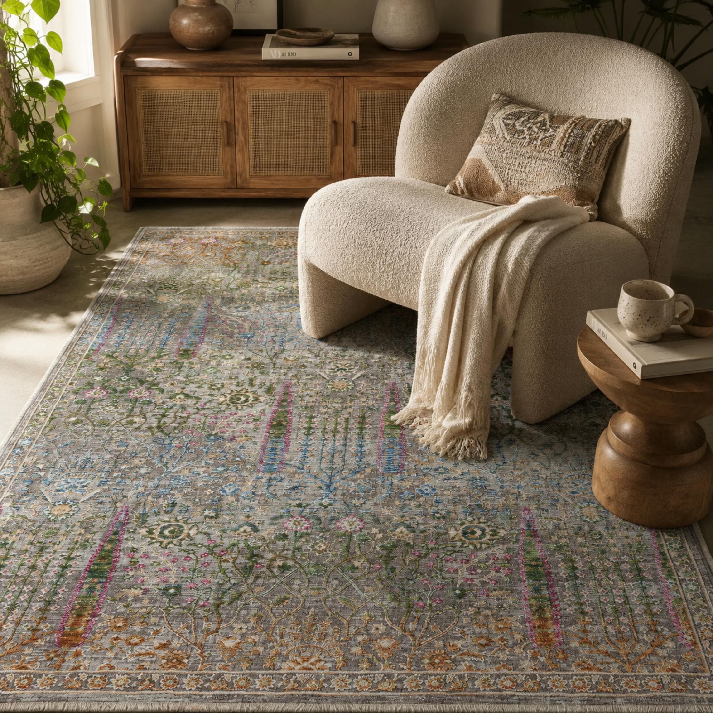 Multicolor Distressed Floral Area Rug, Boho Traditional Oriental Carpet