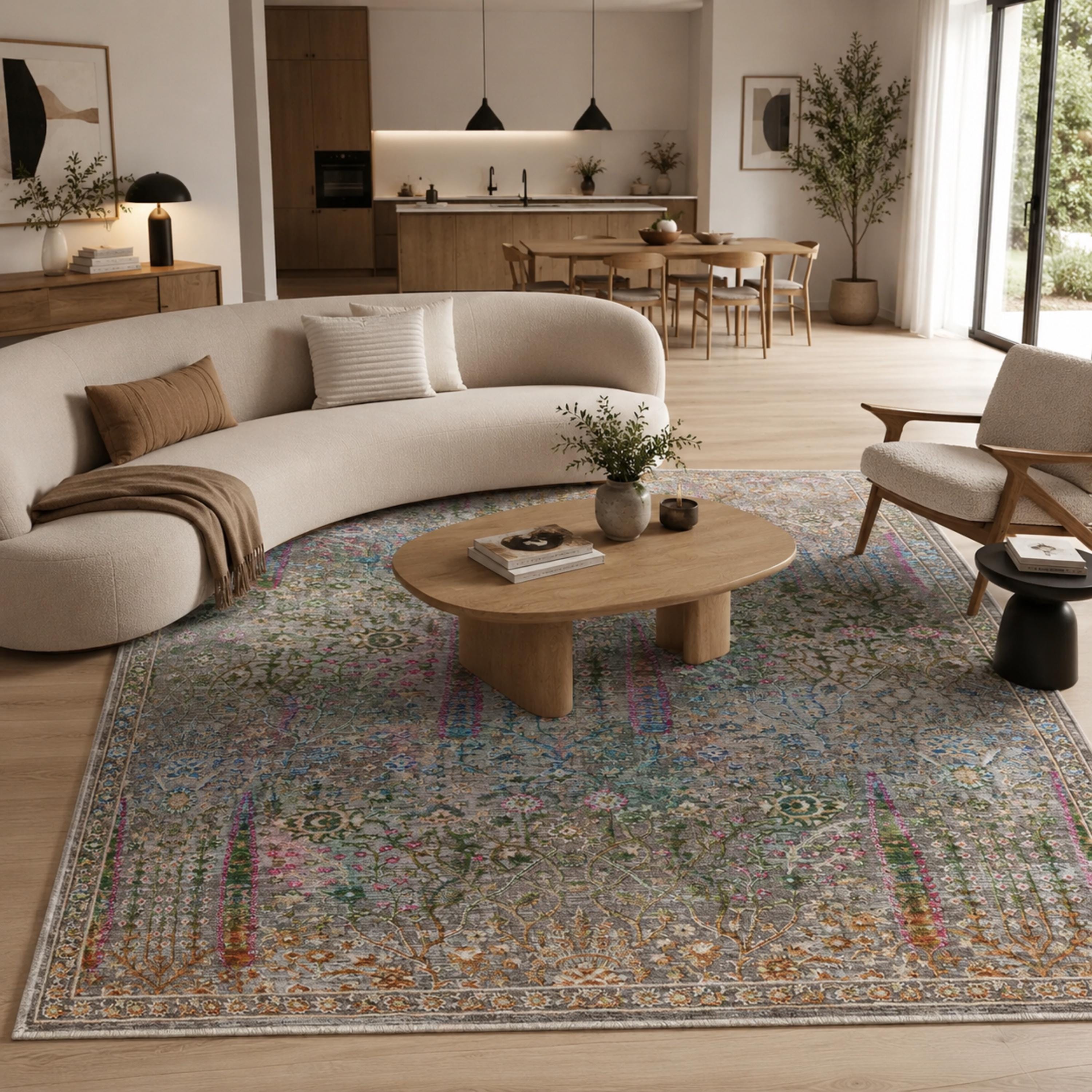 Multicolor Distressed Floral Area Rug, Boho Traditional Oriental Carpet