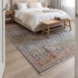 Multicolor Distressed Floral Area Rug, Boho Traditional Oriental Carpet