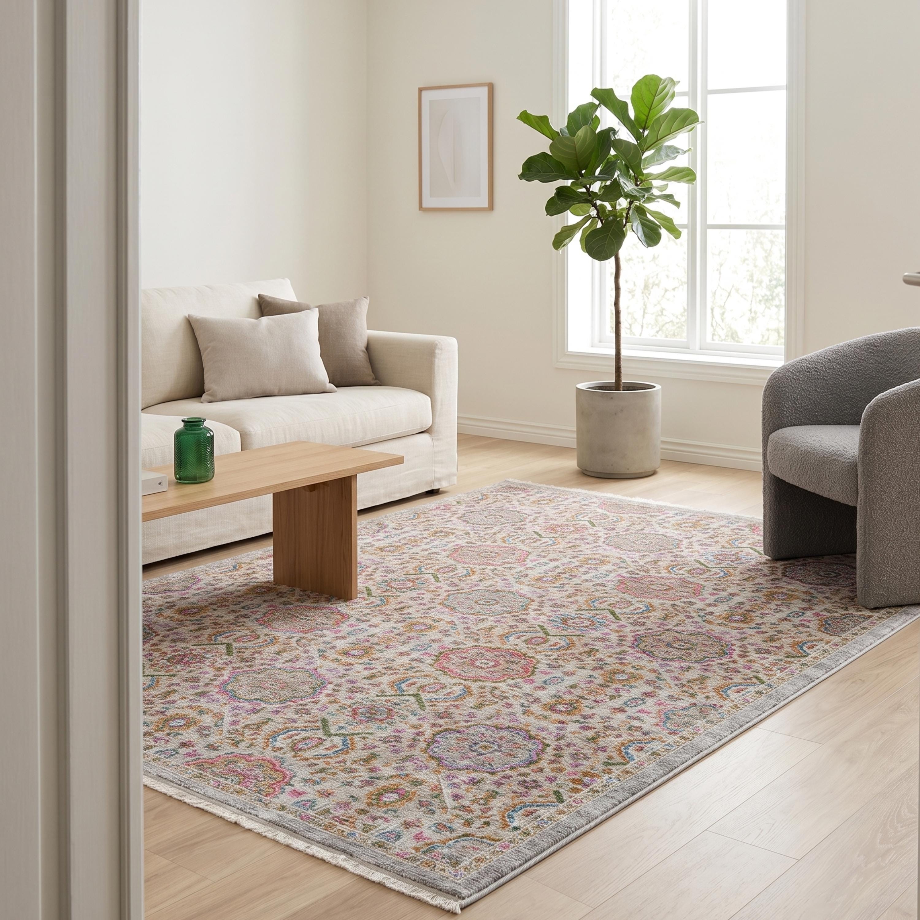 Multicolor Medallion Area Rug, Distressed Boho Traditional Carpet, Grey Floral Oriental Style