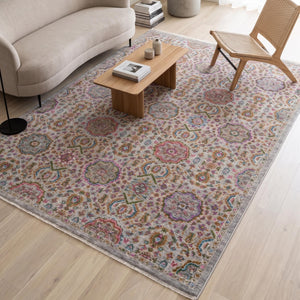 Multicolor Medallion Area Rug, Distressed Boho Traditional Carpet, Grey Floral Oriental Style