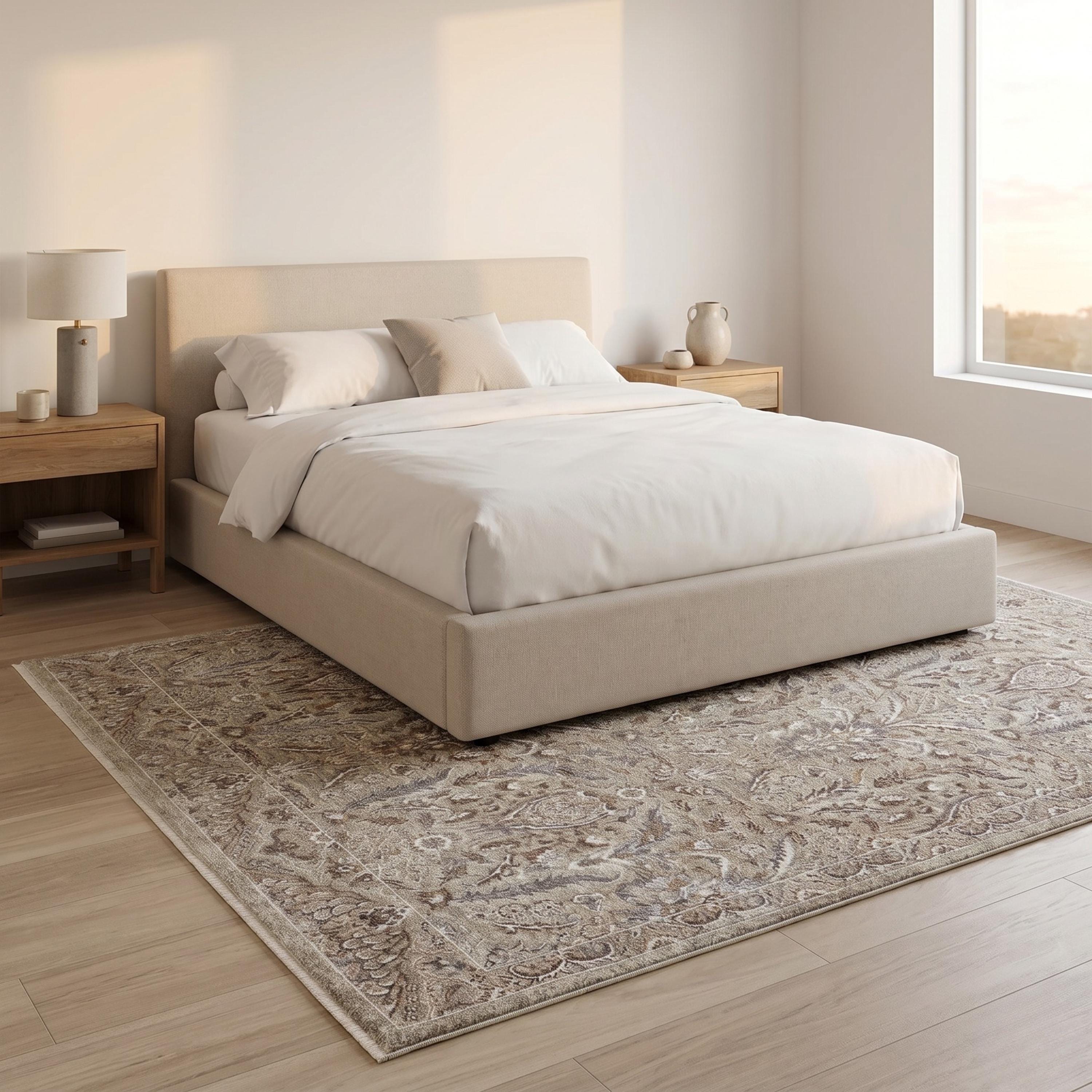 Beige Floral Area Rug, Distressed Botanical Traditional Carpet, Soft Farmhouse Style