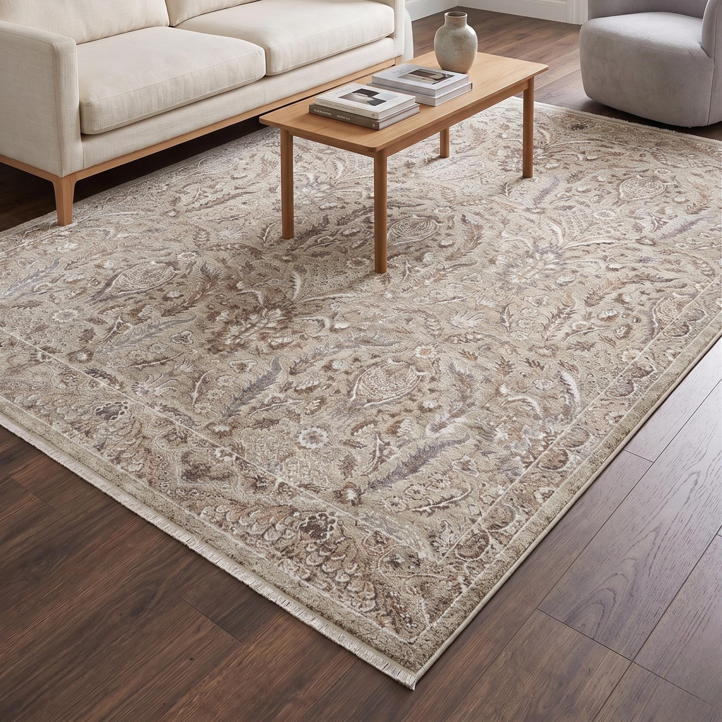 Beige Floral Area Rug, Distressed Botanical Traditional Carpet, Soft Farmhouse Style