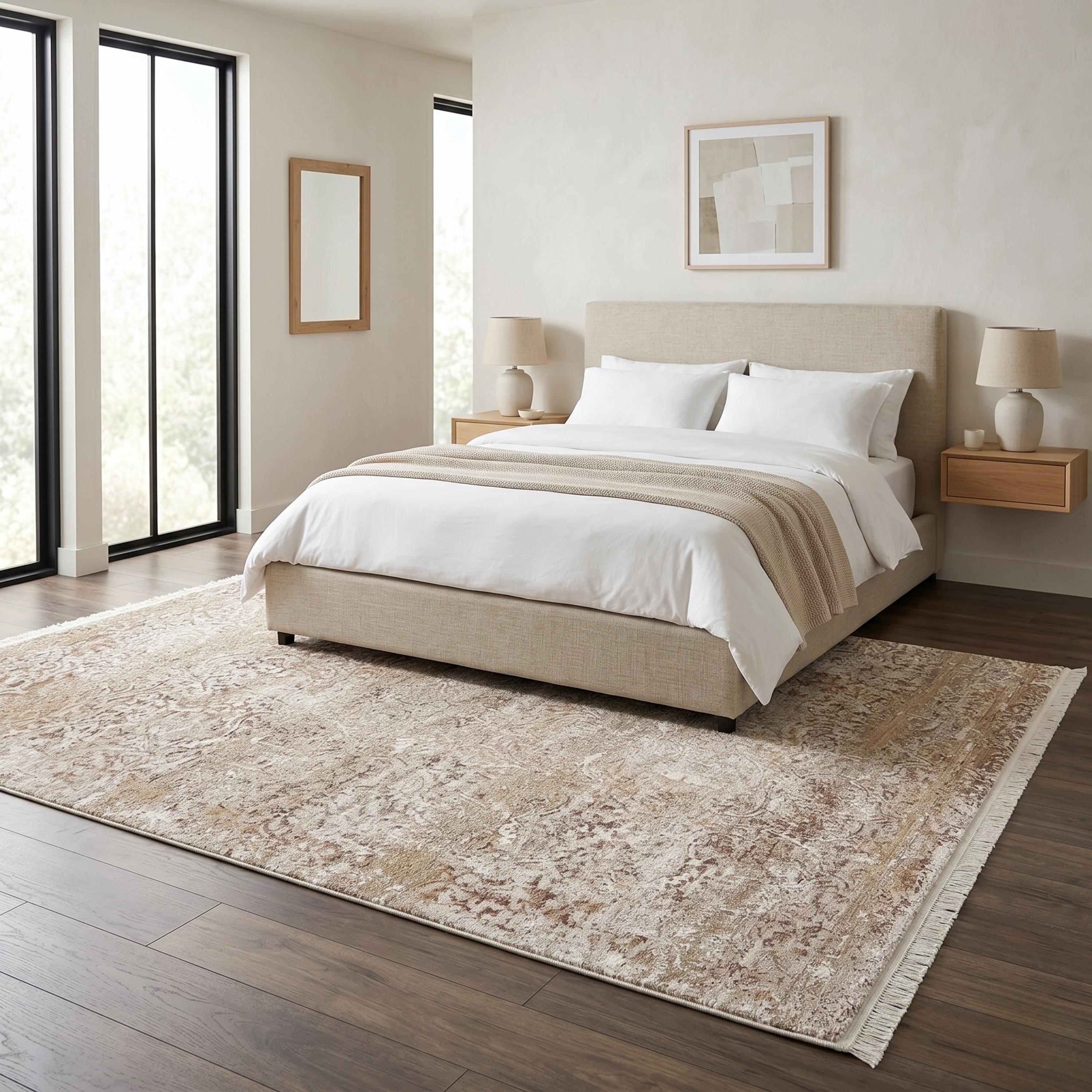 Distressed Traditional Area Rug, Neutral Beige Living Room Carpet, Vintage Farmhouse Style Floor Runner