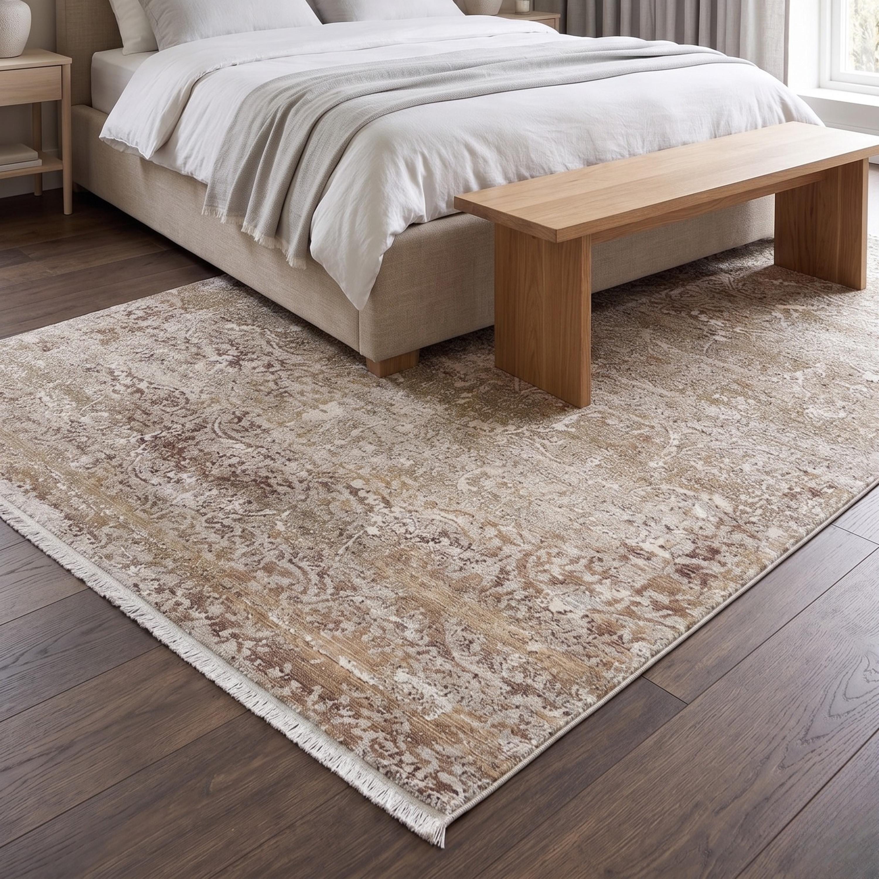 Distressed Traditional Area Rug, Neutral Beige Living Room Carpet, Vintage Farmhouse Style Floor Runner