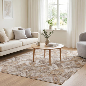Distressed Medallion Area Rug, Traditional Oriental Style Carpet, Neutral Living Room Floor Rug