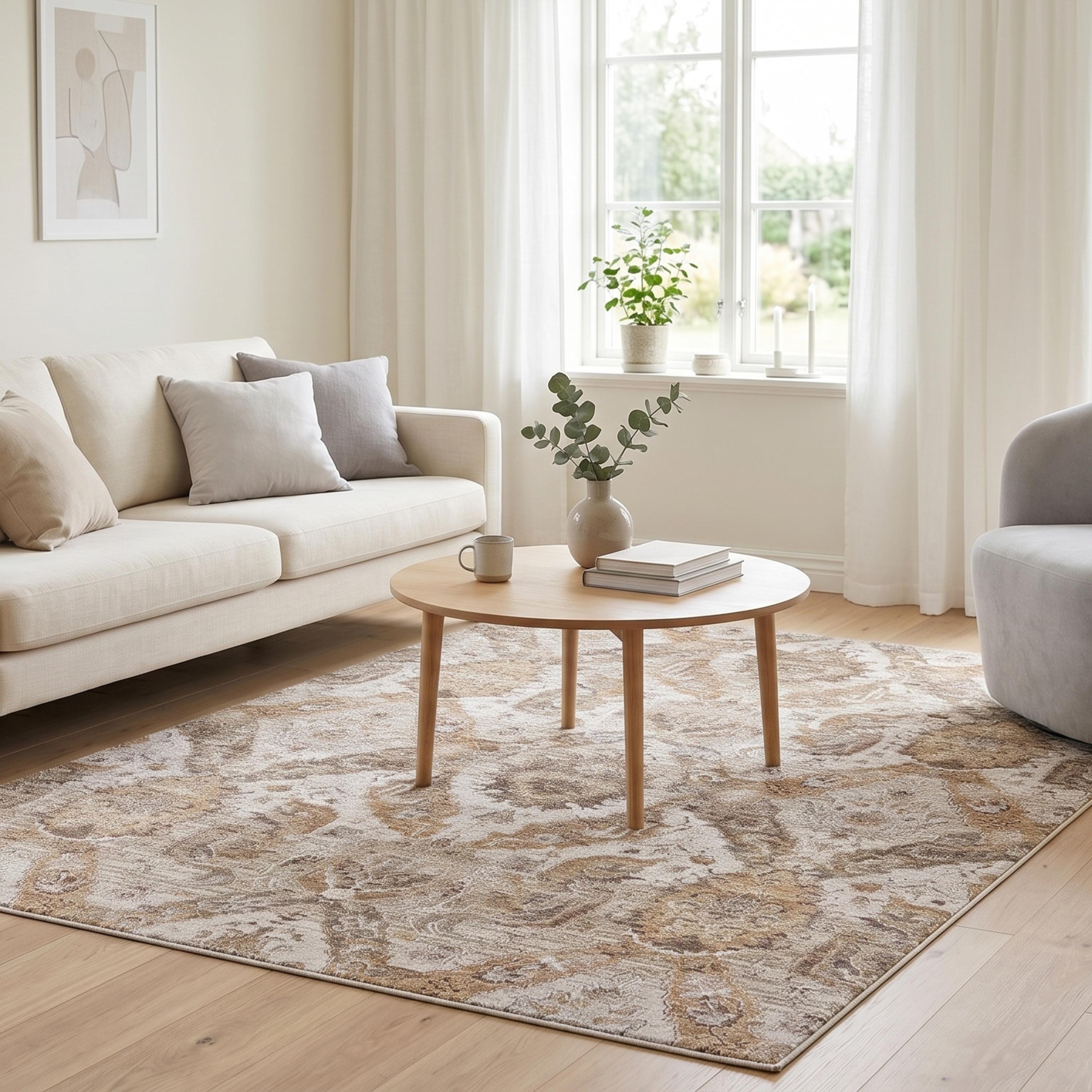 Distressed Medallion Area Rug, Traditional Oriental Style Carpet, Neutral Living Room Floor Rug