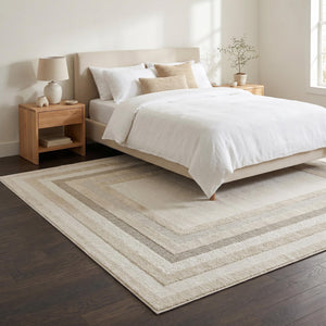 Cream Border Area Rug, Woven Bedroom Carpet, Soft Scandinavian Floor Rug