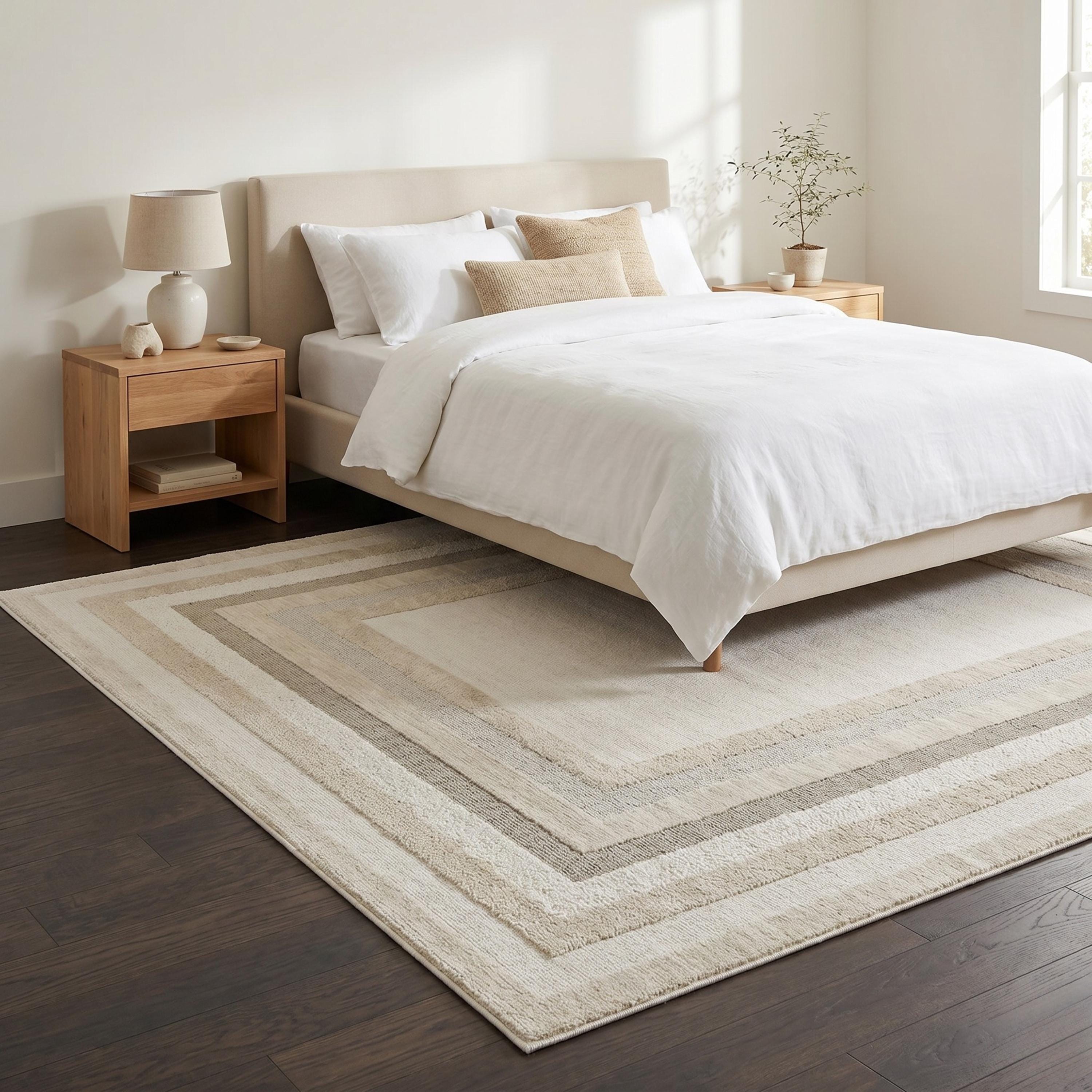 Cream Border Area Rug, Woven Bedroom Carpet, Soft Scandinavian Floor Rug