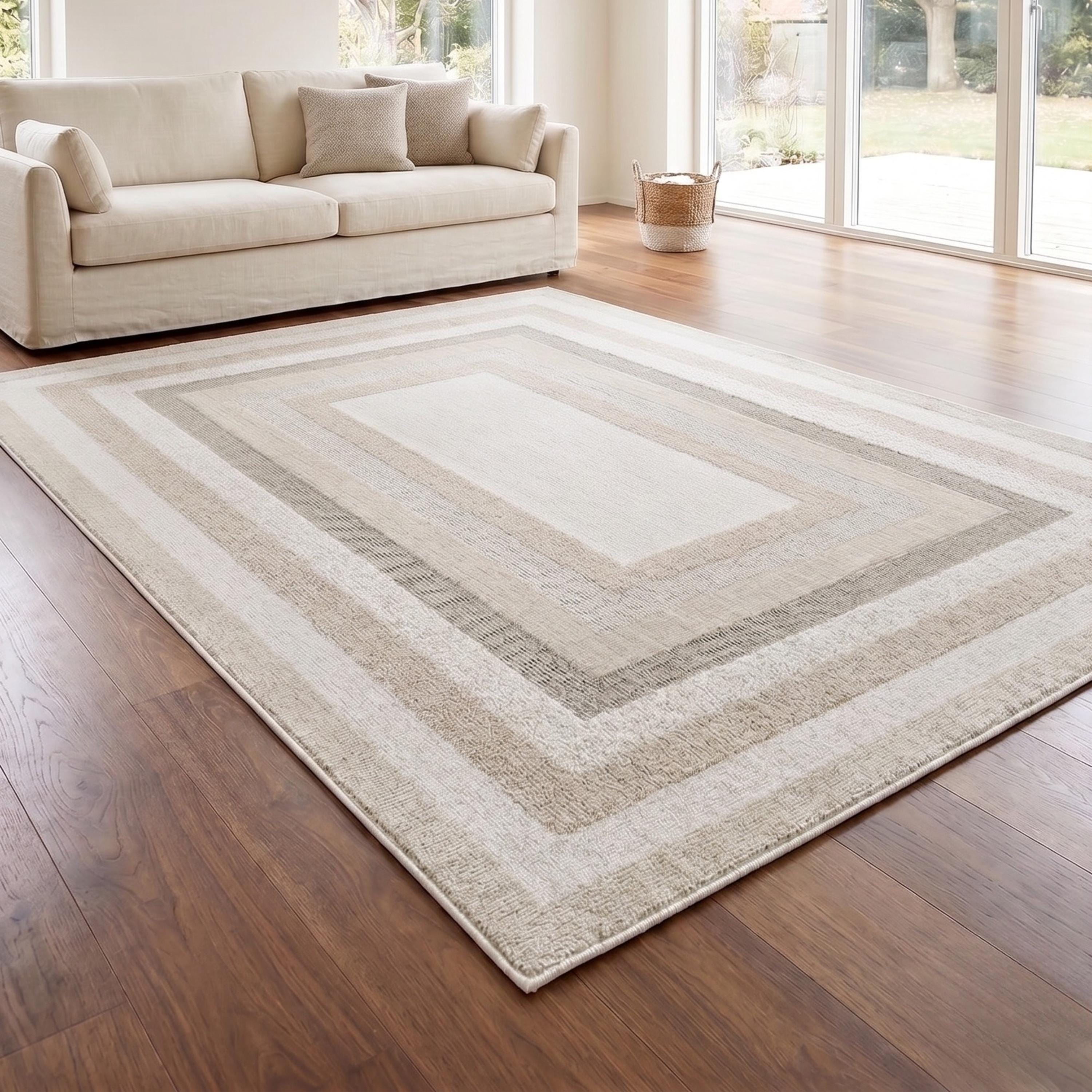 Cream Border Area Rug, Woven Bedroom Carpet, Soft Scandinavian Floor Rug