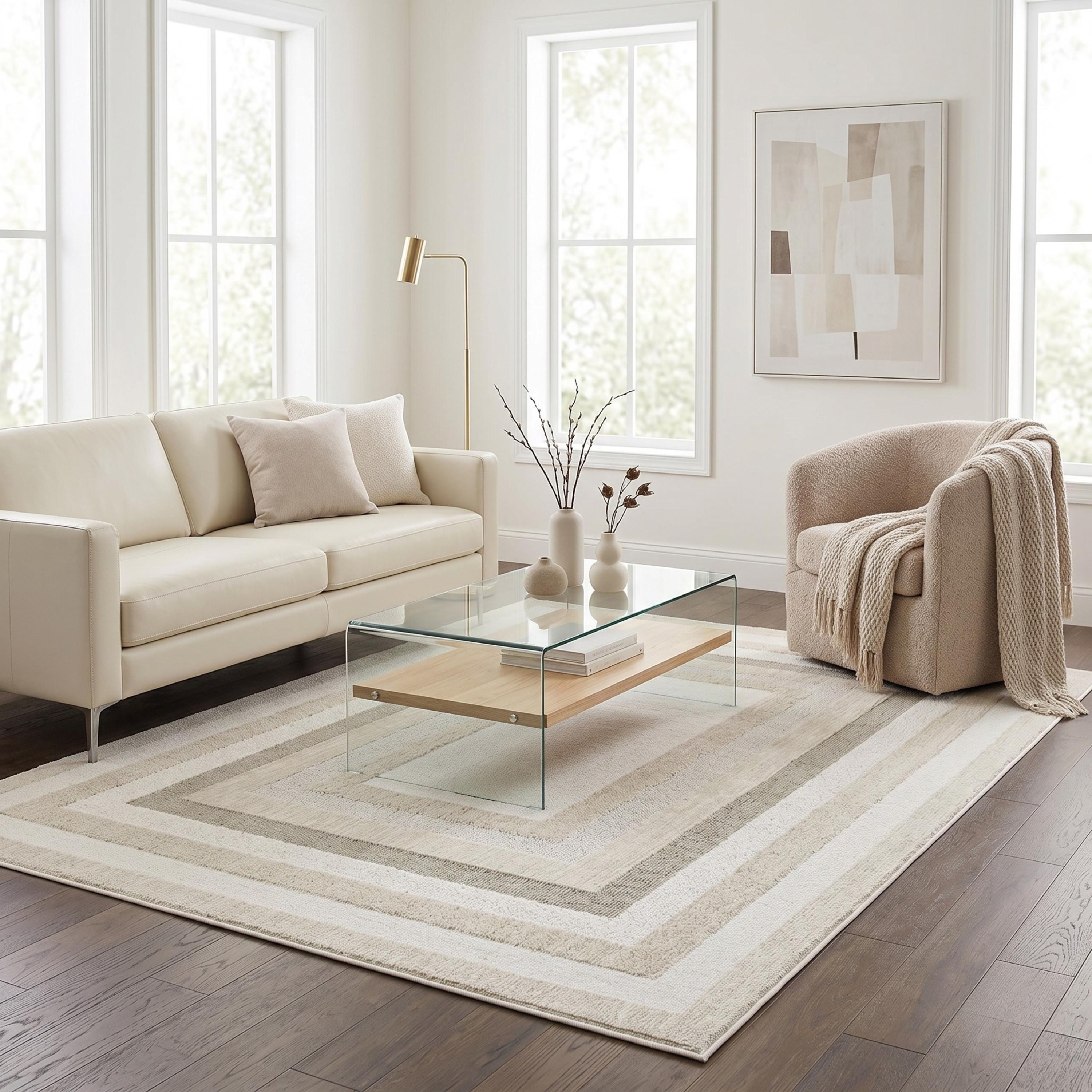 Cream Border Area Rug, Woven Bedroom Carpet, Soft Scandinavian Floor Rug