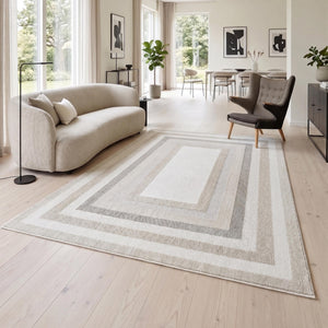 Cream Border Area Rug, Woven Bedroom Carpet, Soft Scandinavian Floor Rug