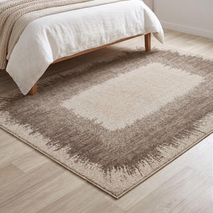Brown Cream Border Area Rug, Modern Distressed Living Room, Scandinavian Style Floor Rug