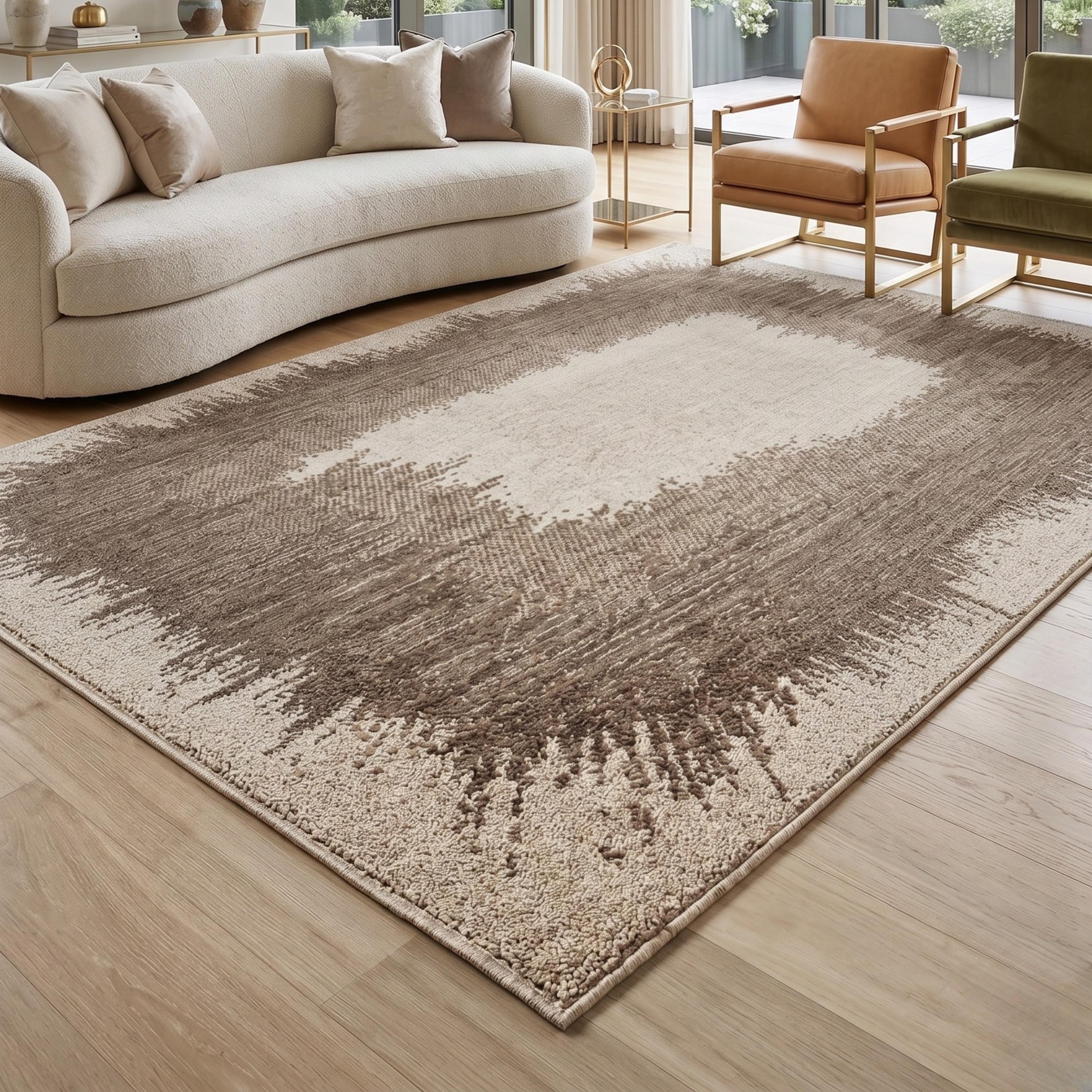 Brown Cream Border Area Rug, Modern Distressed Living Room, Scandinavian Style Floor Rug