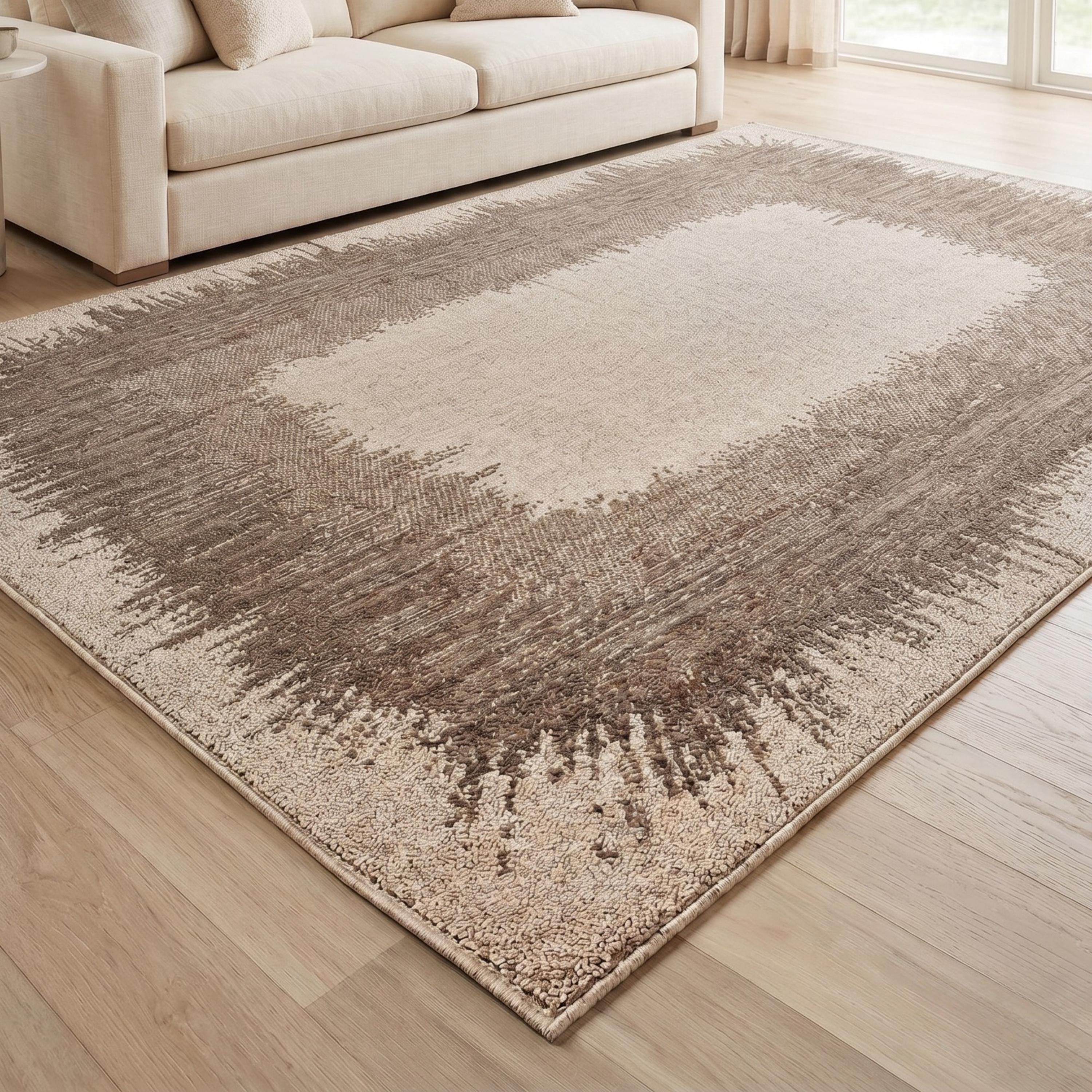 Brown Cream Border Area Rug, Modern Distressed Living Room, Scandinavian Style Floor Rug
