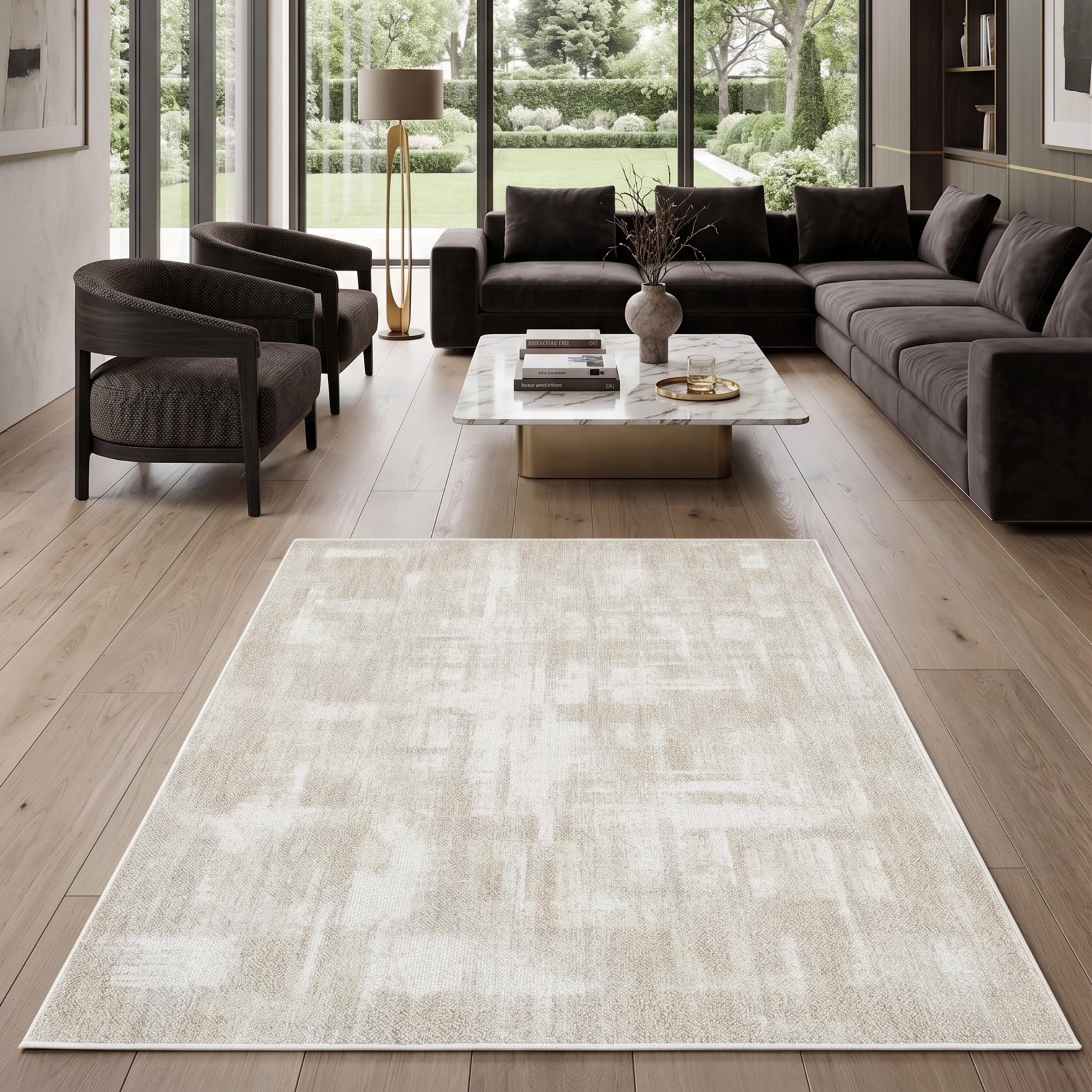 Cream Distressed Abstract Area Rug, Neutral Scandinavian Living Room Carpet