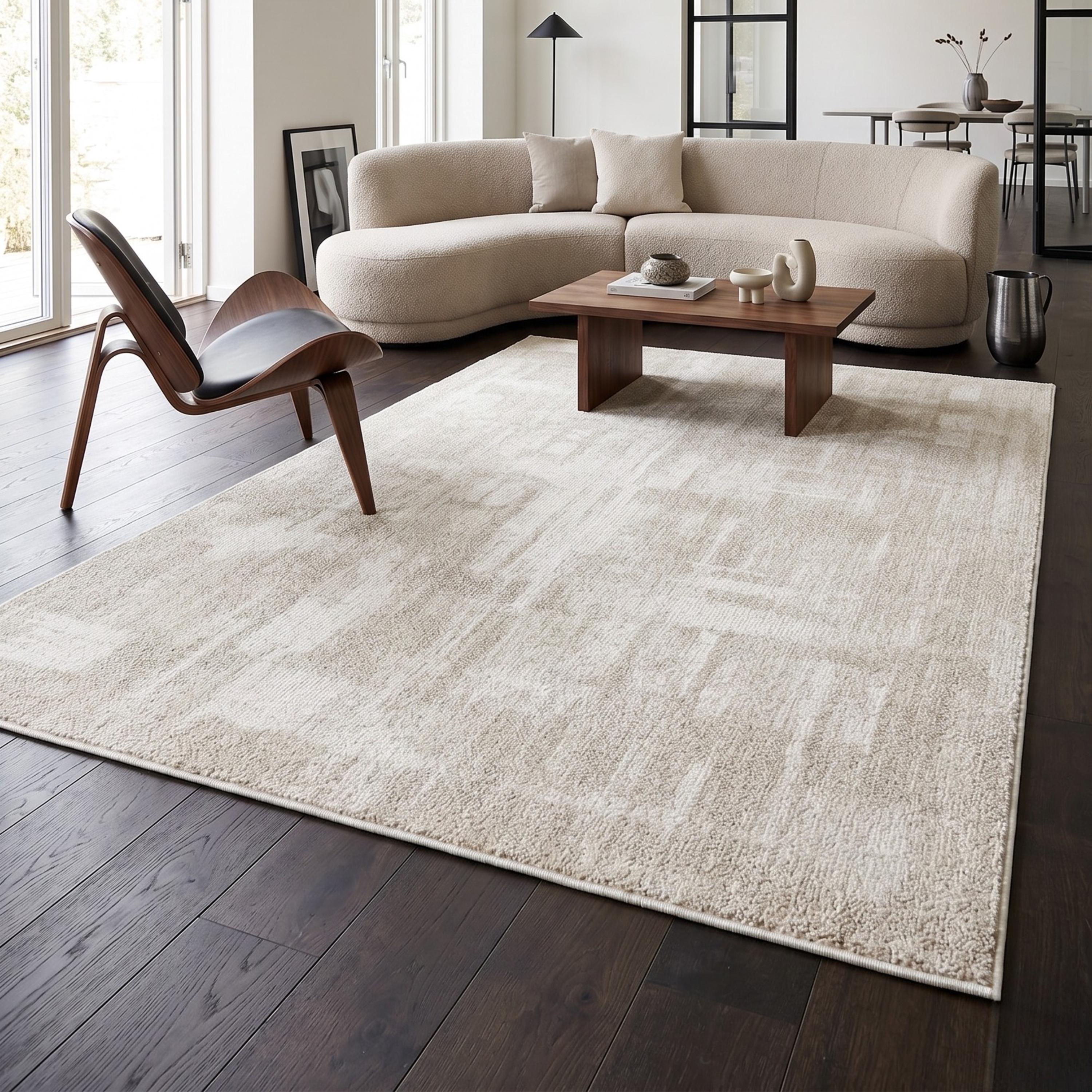 Cream Distressed Abstract Area Rug, Neutral Scandinavian Living Room Carpet