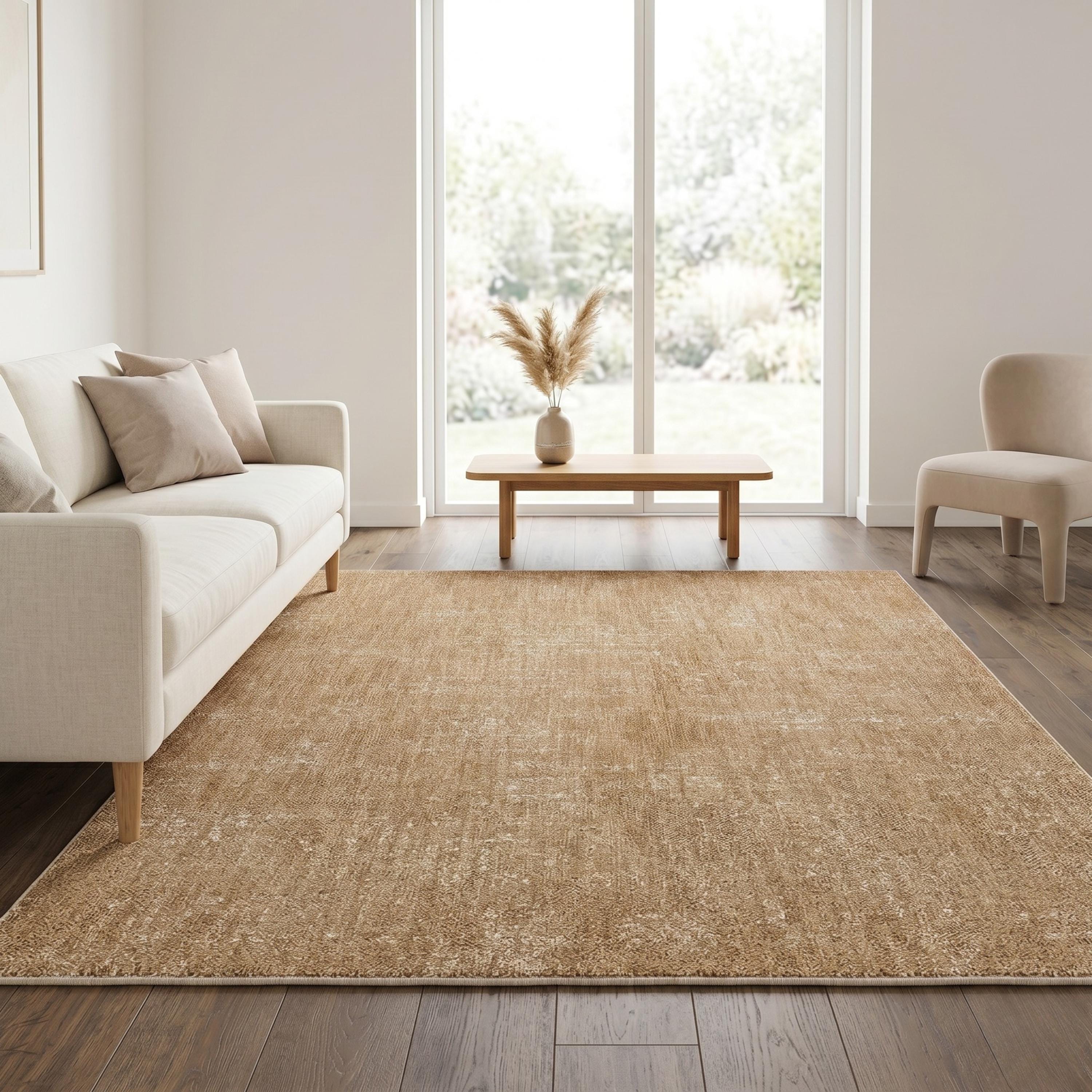 Mustard Beige Abstract Distressed Area Rug, Warm Neutral Living Room Carpet