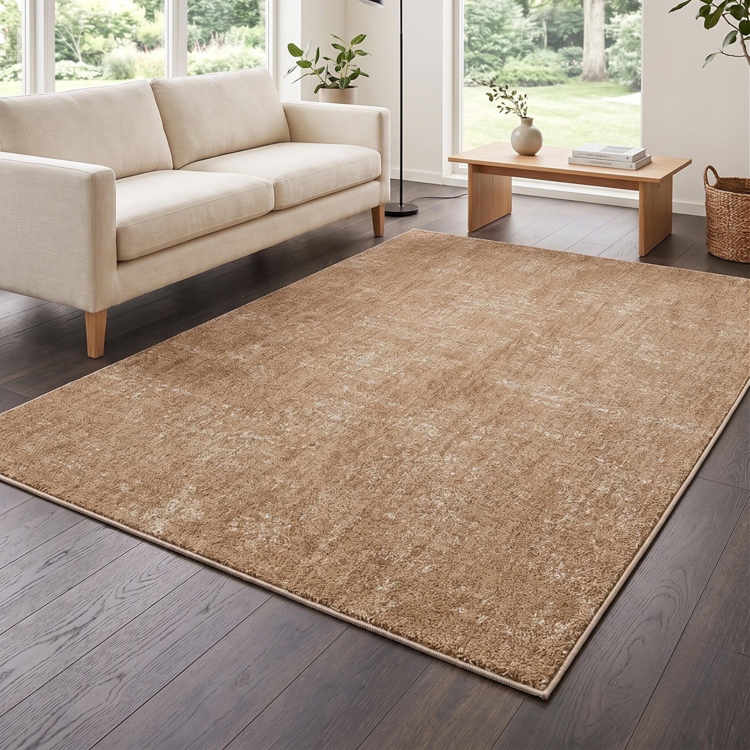 Mustard Beige Abstract Distressed Area Rug, Warm Neutral Living Room Carpet