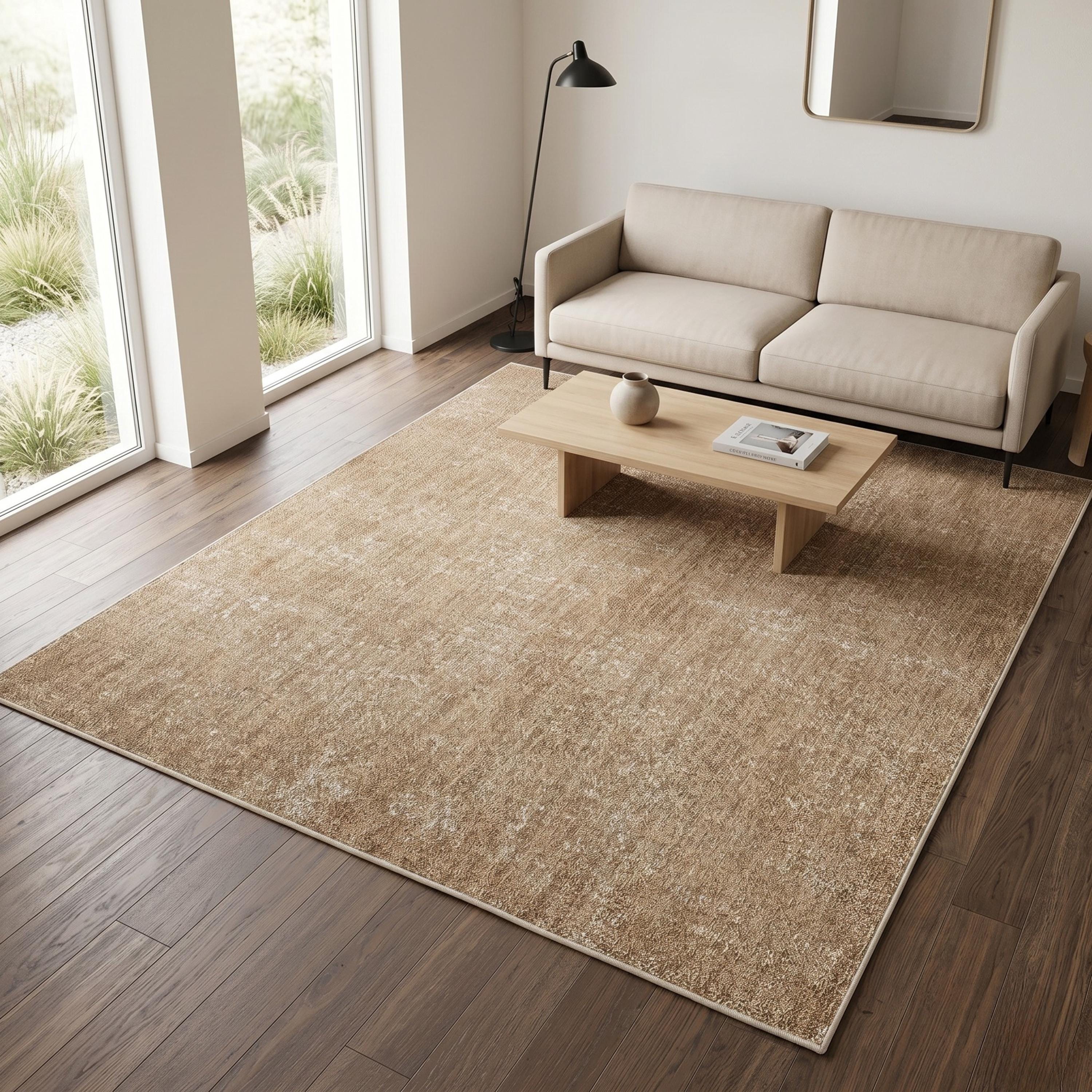 Mustard Beige Abstract Distressed Area Rug, Warm Neutral Living Room Carpet