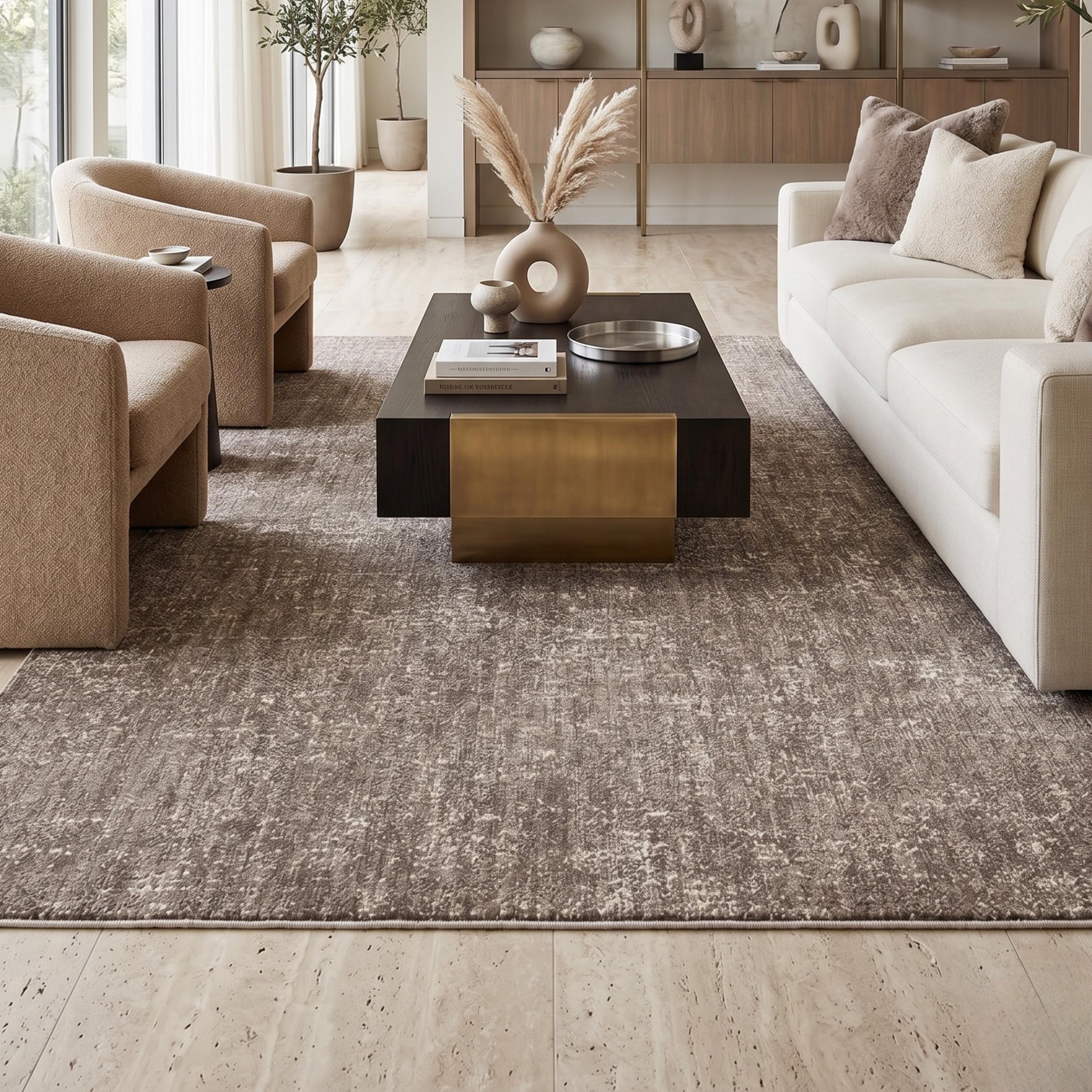 Distressed Abstract Area Rug, Warm Neutral Living Room Carpet, Modern Farmhouse Floor Runner