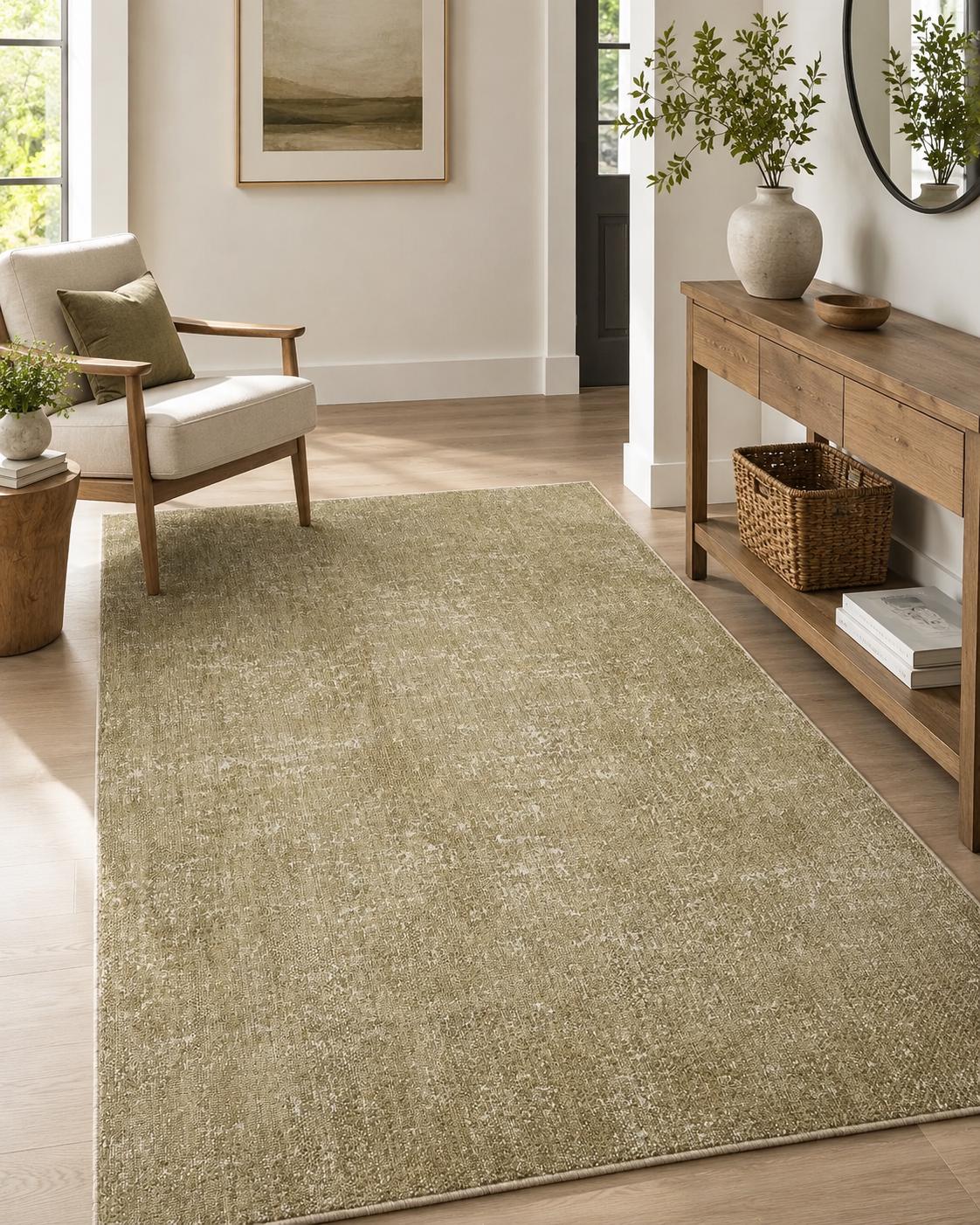 Olive Green Abstract Area Rug, Distressed Modern Living Room Carpet