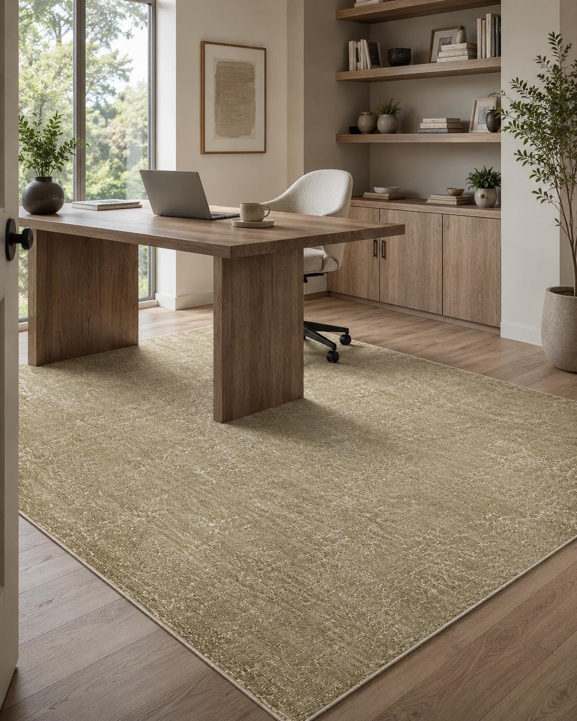 Olive Green Abstract Area Rug, Distressed Modern Living Room Carpet