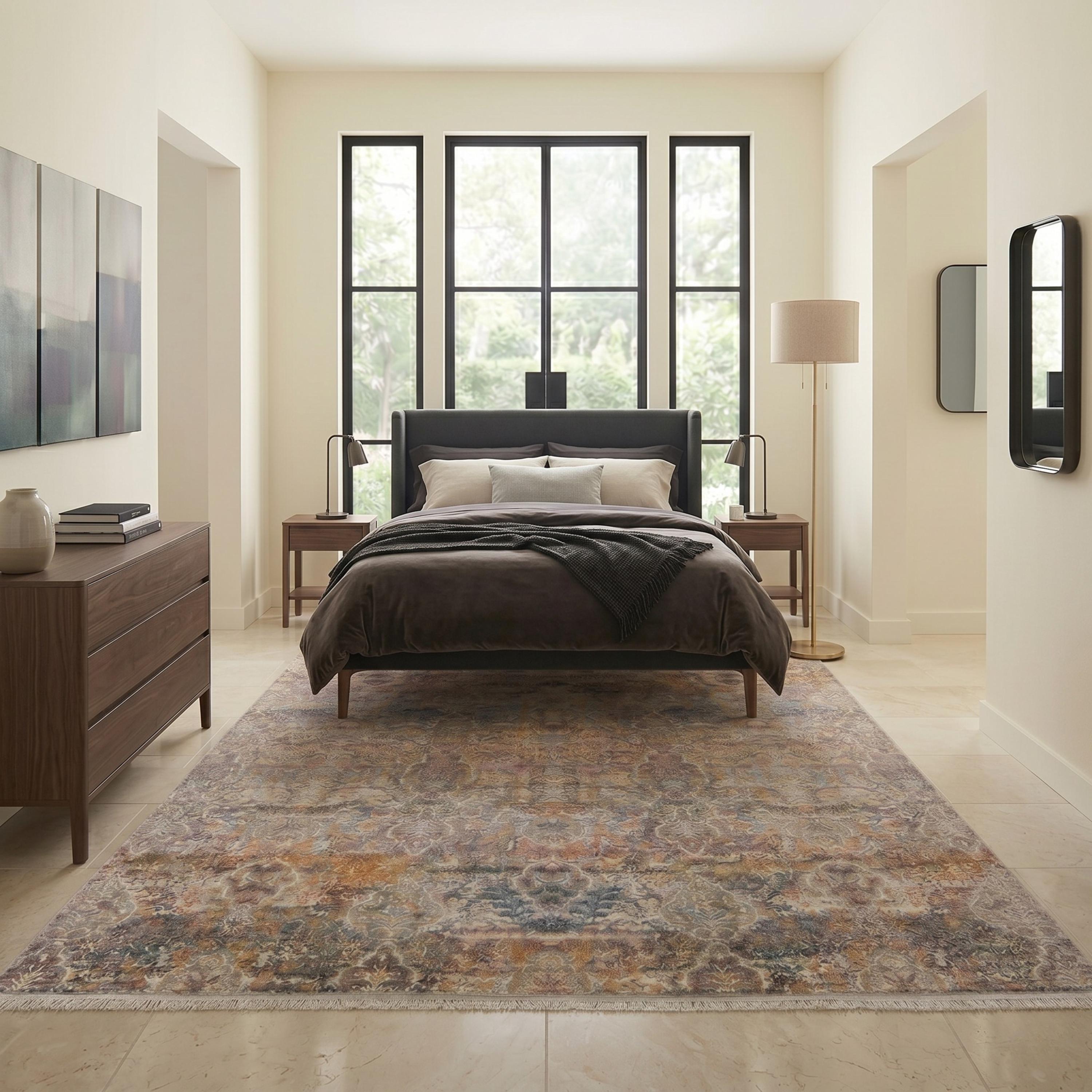 Distressed Oriental Area Rug, Beige Grey Blue Machine Made Carpet, Modern Farmhouse Style