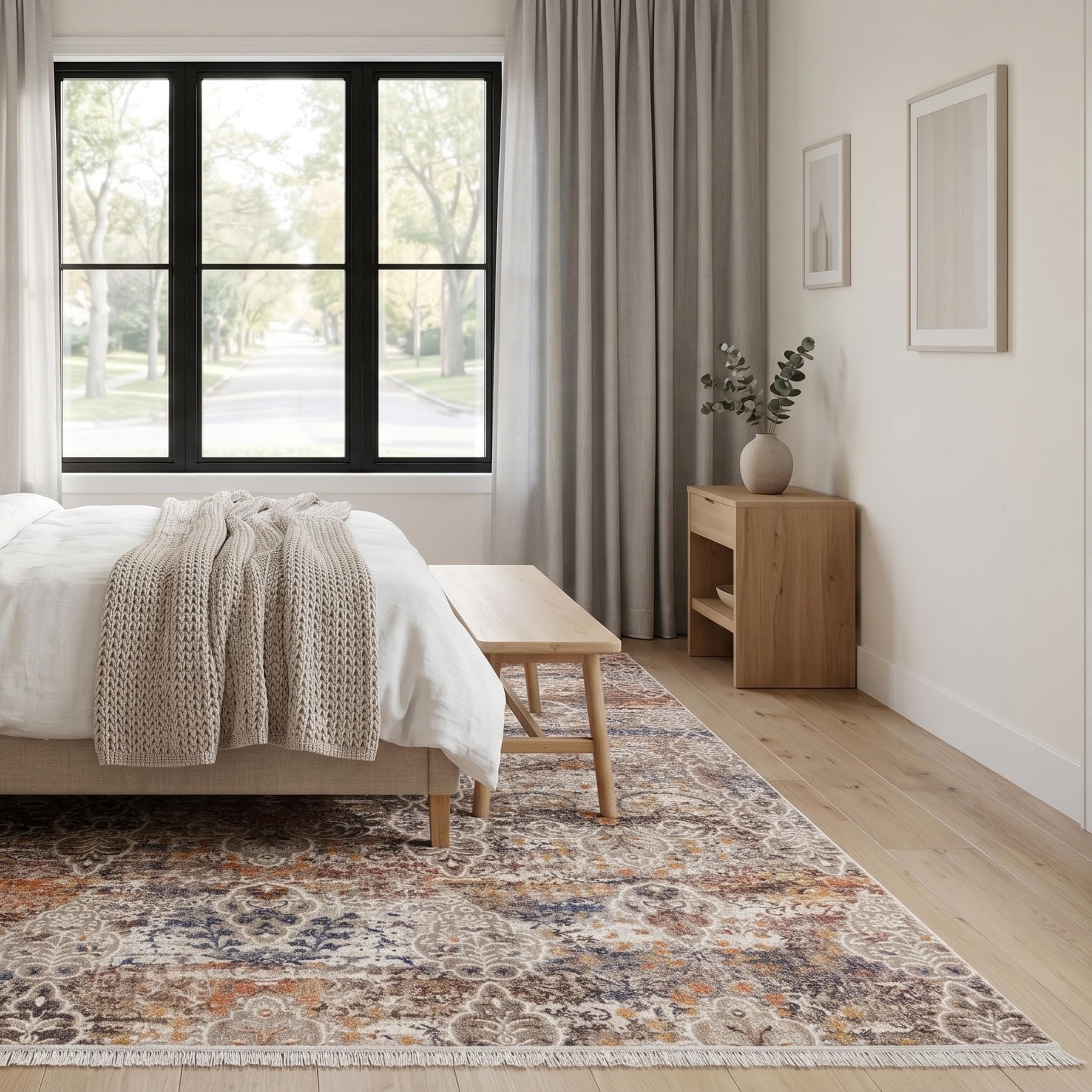 Distressed Oriental Area Rug, Beige Grey Blue Machine Made Carpet, Modern Farmhouse Style