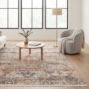 Distressed Oriental Area Rug, Beige Grey Blue Machine Made Carpet, Modern Farmhouse Style
